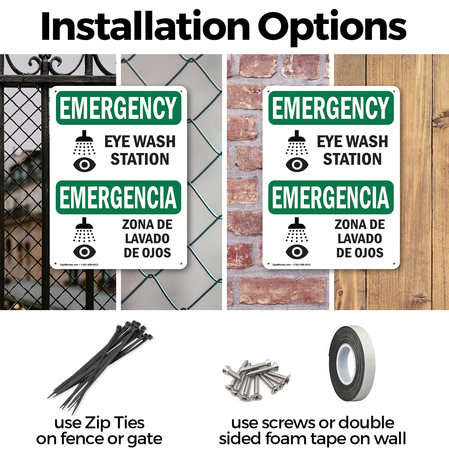 (2 Pack) Eye Wash Station Bilingual OSHA Emergency Sign Decal Metal Plastic