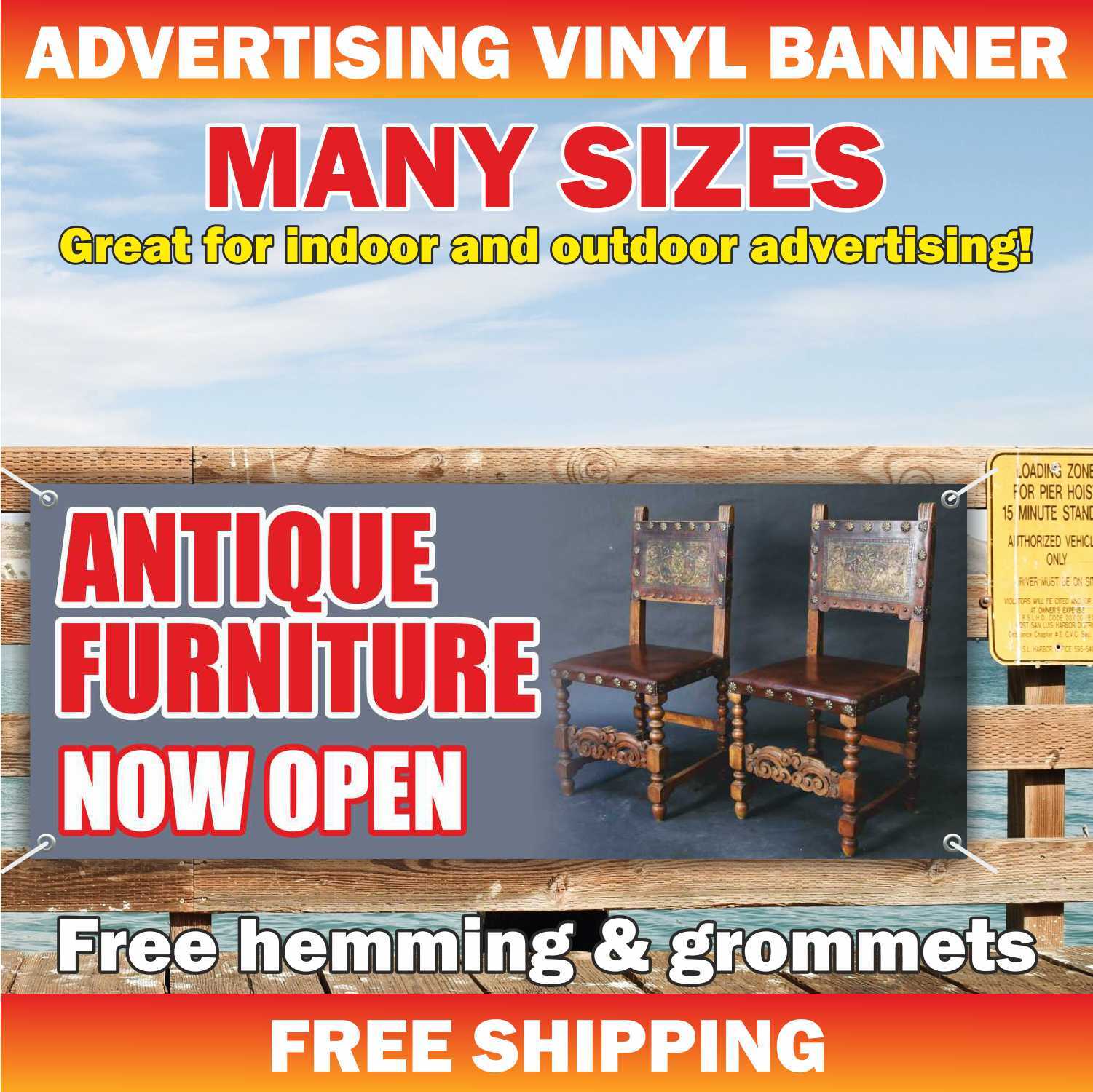 ANTIQUE FURNITURE Advertising Banner Vinyl Mesh Sign now open pawn shop coin