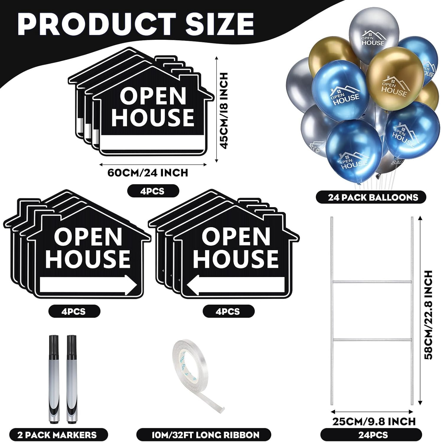 63 Pcs Double-Sided Open House Signs with Stakes & Balloons – Estate Sale Kit