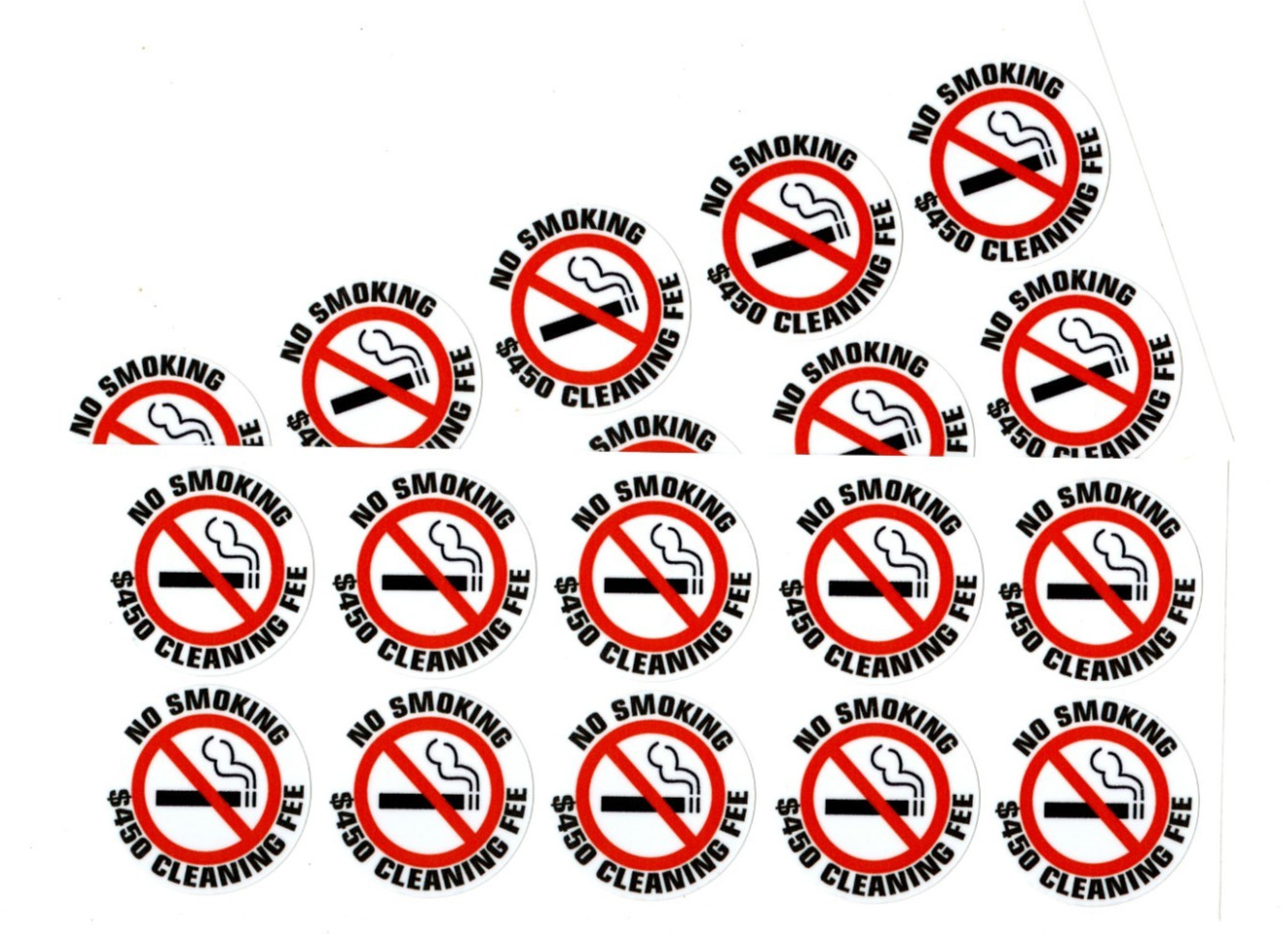 20 – NO SMOKING $450 CLEANING FEE sticker | white | 1.5&Prime; dia | outdoor durable