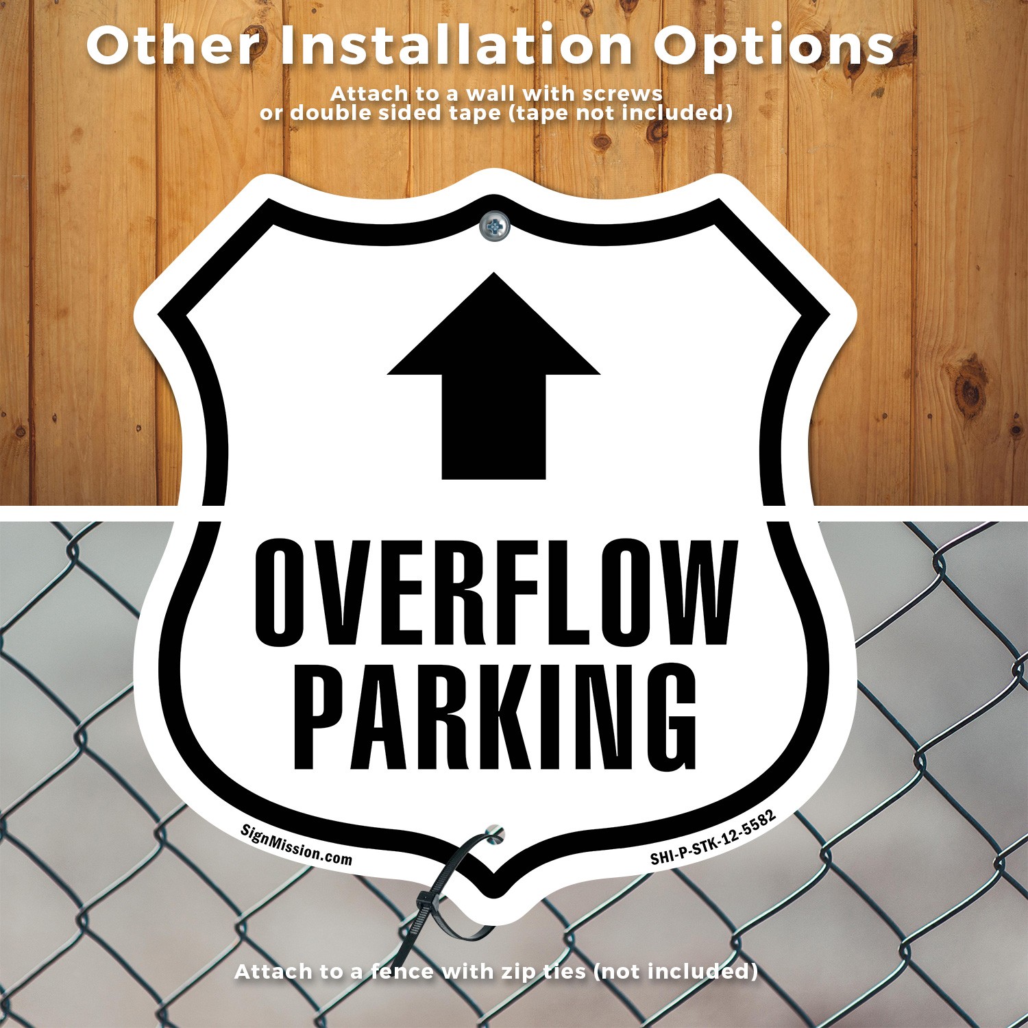 Overflow Parking Up Shield Shaped Sign With Stake Crafted in the USA