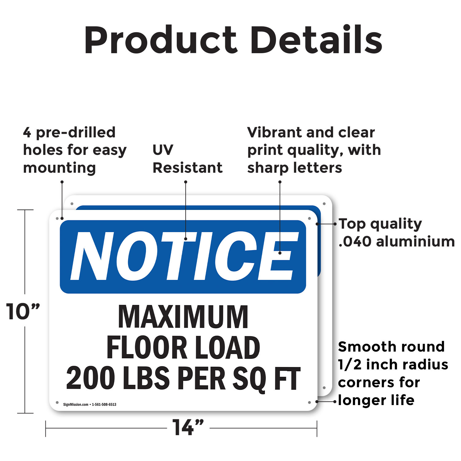 (2 Pack) Maximum Floor Loading 200 Lbs Per Sq Ft OSHA Notice Sign Decal Metal