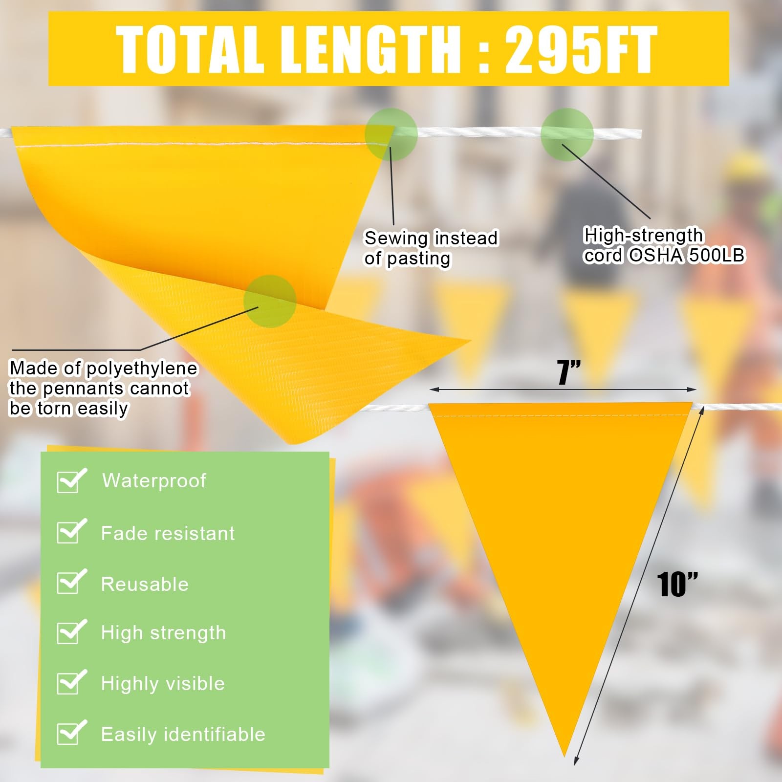 135 Pcs 295 ft Pennant Banners Flags Reflective Yellow Safety String PVC Peri…