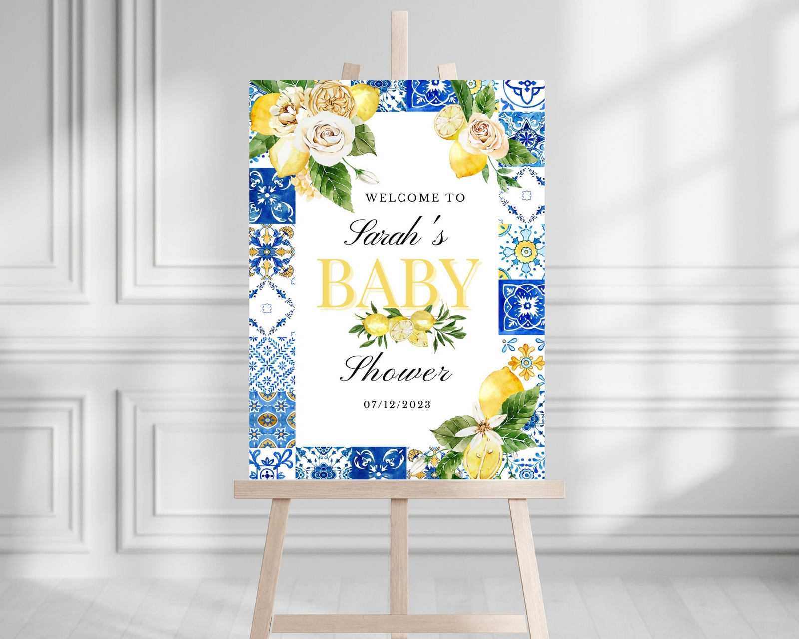 Lemon Italian Themed Welcome Sign Baby Shower Bridal Shower Yellow Blue Tile Ge