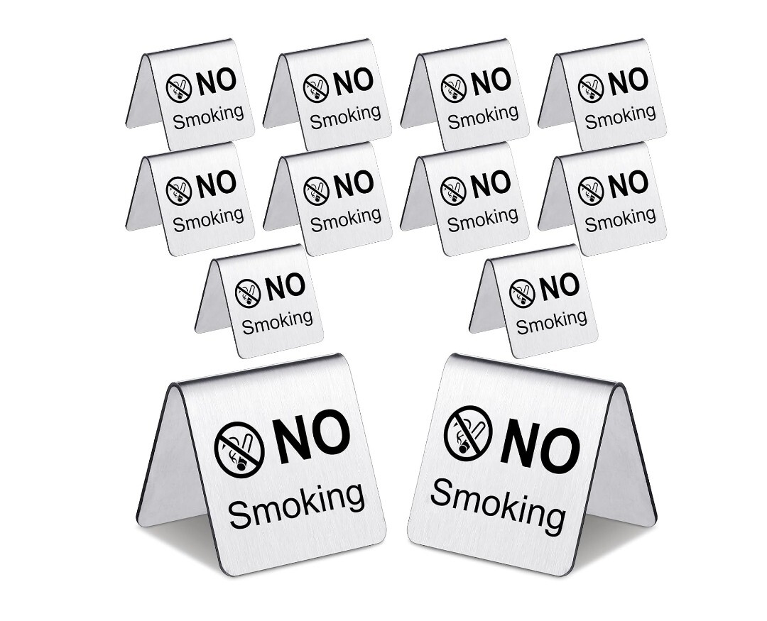 12 Pcs Stainless Steel No Smoking Table Sign Double Side No Smoking Sign Card