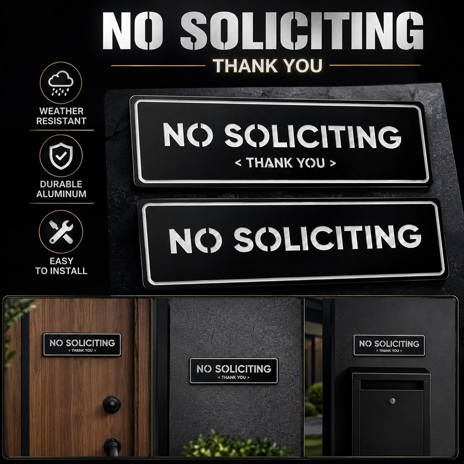 2-Pack No Soliciting Sign, Premium 304 Stainless Steel, 8.25X2.4&Prime;,Large | High-C