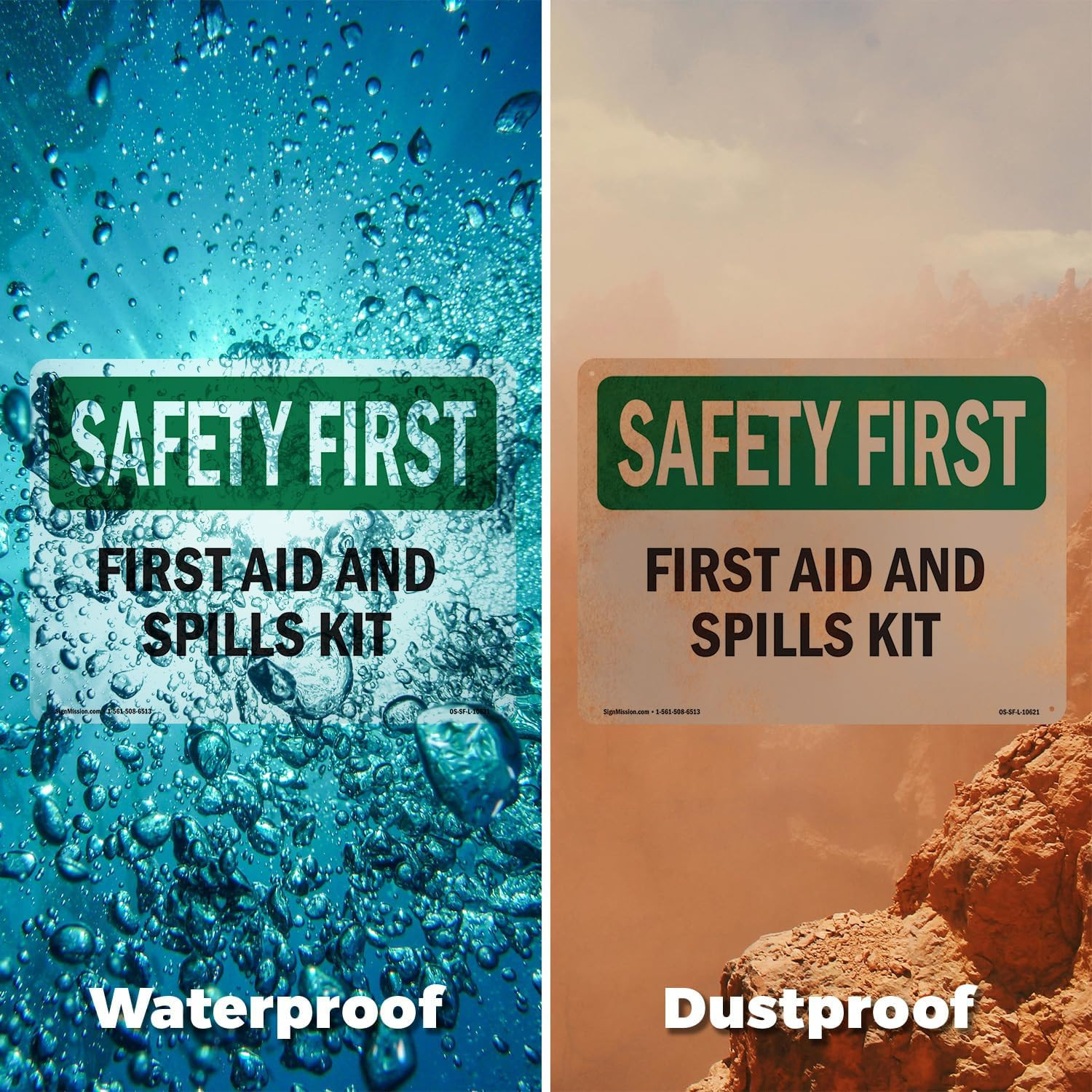 First Aid and Spills Kit OSHA SAFETY FIRST Rigid Plastic Sign 18 Inch X 12 Inch