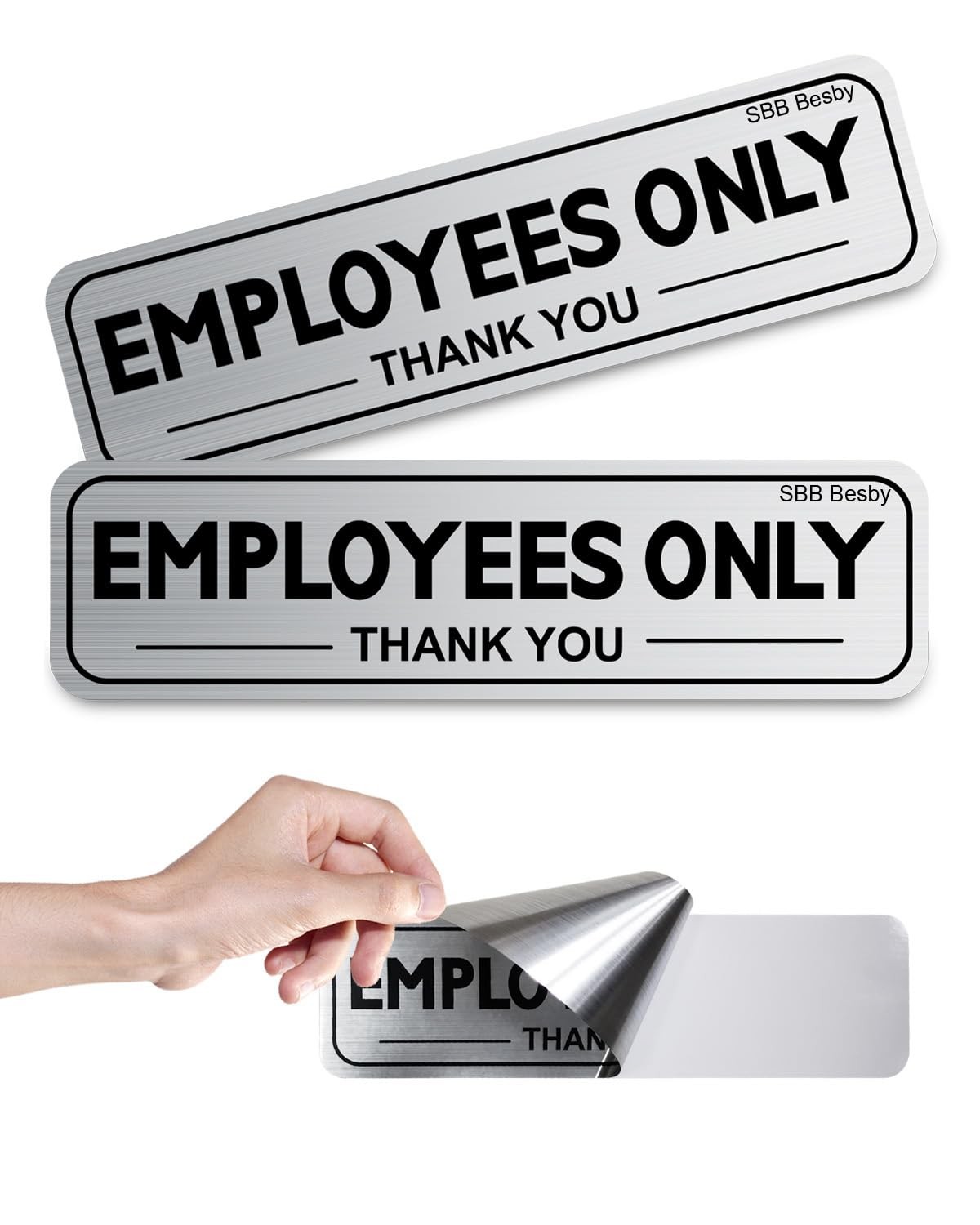 2pcs Employees Only Sign Stickers, Metal like Brushed Silver, 9&Prime;x2.5&Prime;, Back Adhe