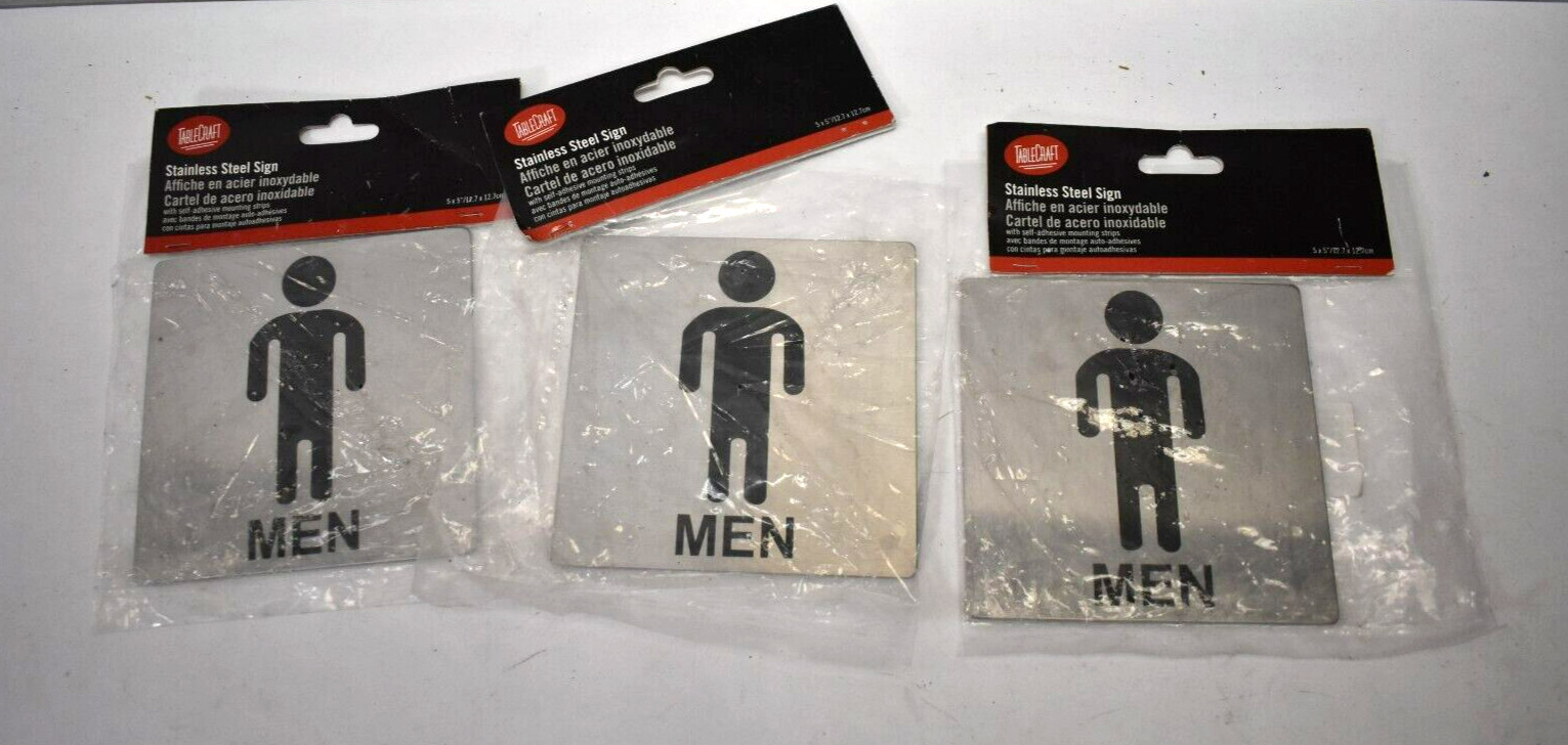 Lot of 3 TableCraft B10 Mens Restroom Signs Stainless Steel 5&Prime; x 5&Prime; Lightweight