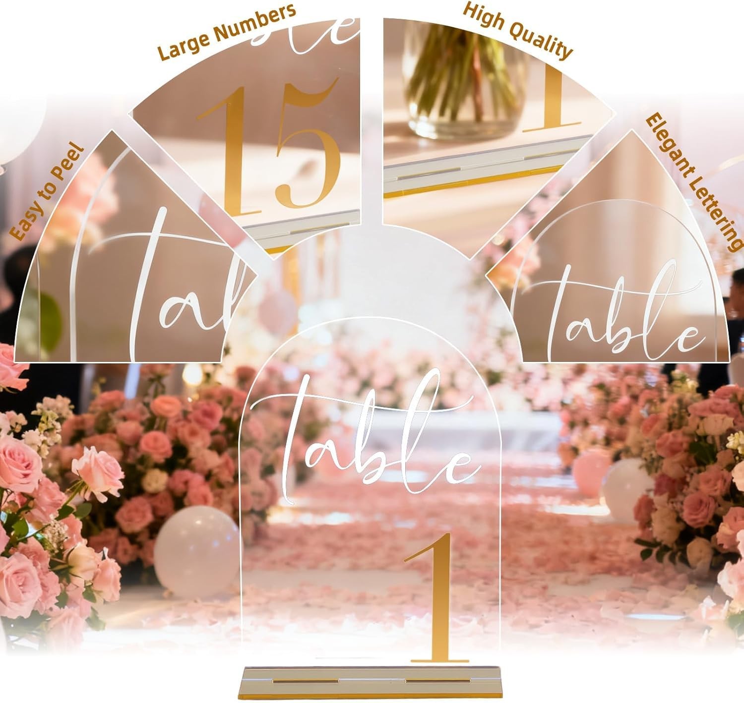 Clear Acrylic Arch Wedding Numbers 115 With Stands DoubleSided 7×5 Inch Gold