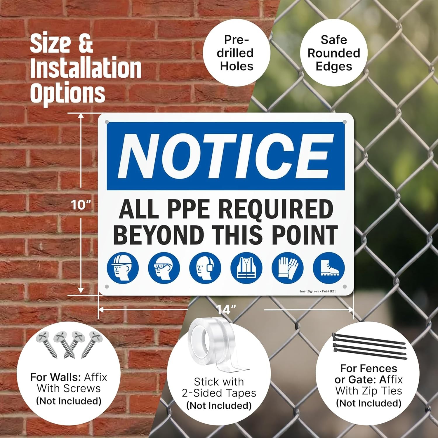 10×14 Inch PPE Required Sign – Heavy-Duty Aluminum for Safety Compliance