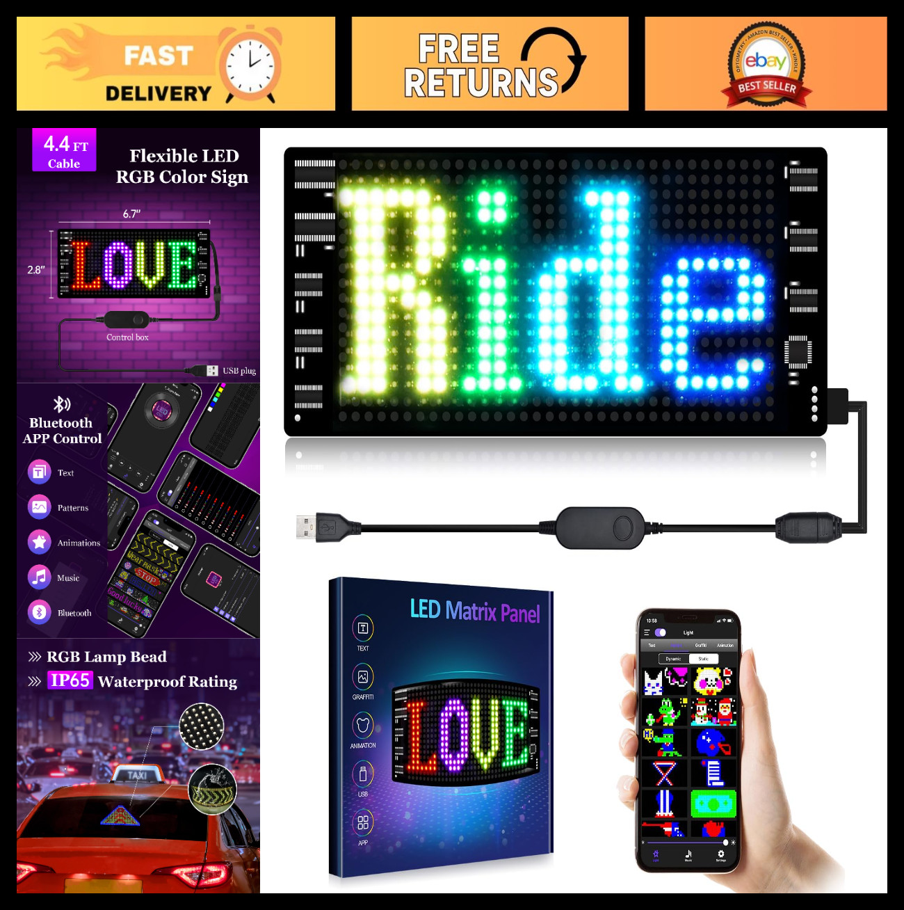 Scrolling LED Car Sign – Flexible Bluetooth App, DIY Text & Animation, 3&Prime;x7