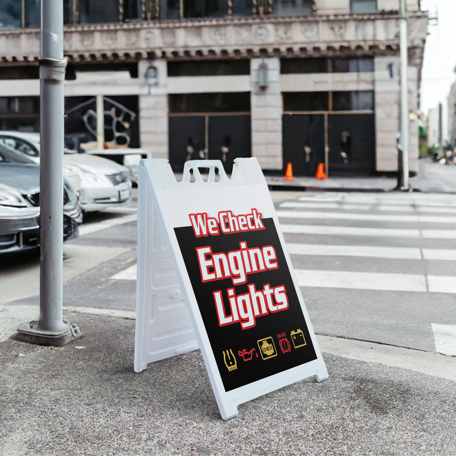 A-frame Sidewalk We Check Engine Lights 24&Prime; x 36&Prime; Double Sided A-Frame Sidewalk