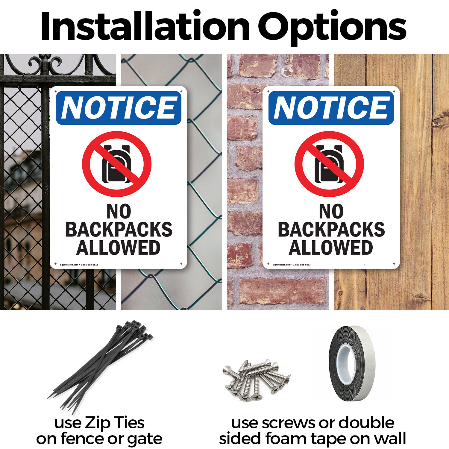 (2 Pack) No Backpacks Allowed OSHA Notice Sign Decal Metal Plastic