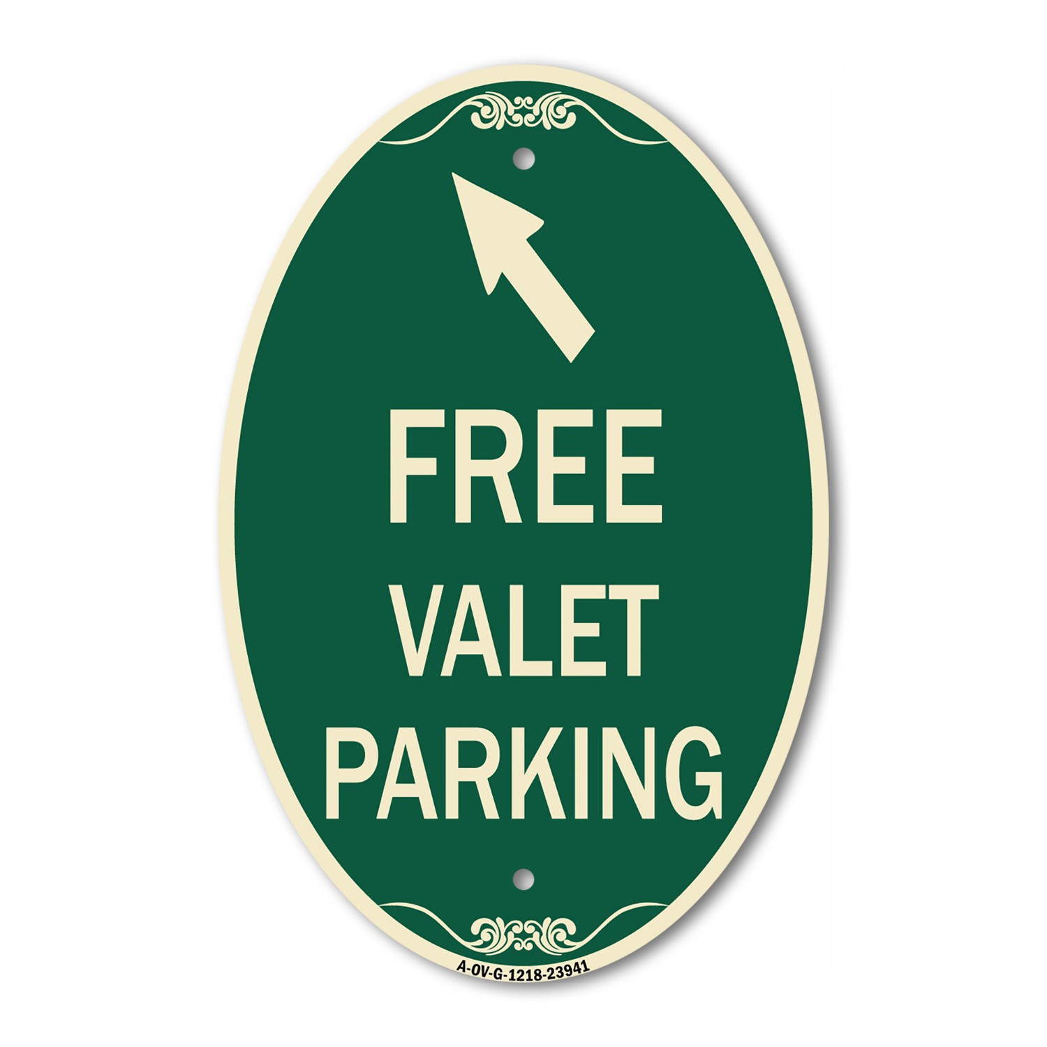 Free Valet Parking with Upper Left Arrow 12&Prime; x 18&Prime; Green Aluminum Oval Sign