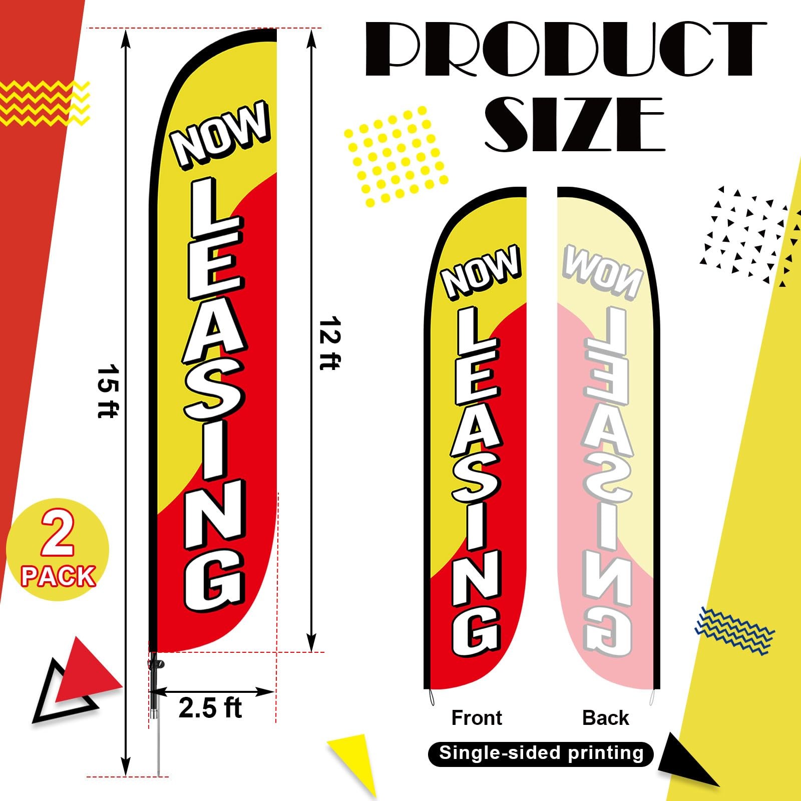 2 Pcs Now Leasing Feather Flag Pole Kit 15 ft Red and Yellow Now Leasing Adve…