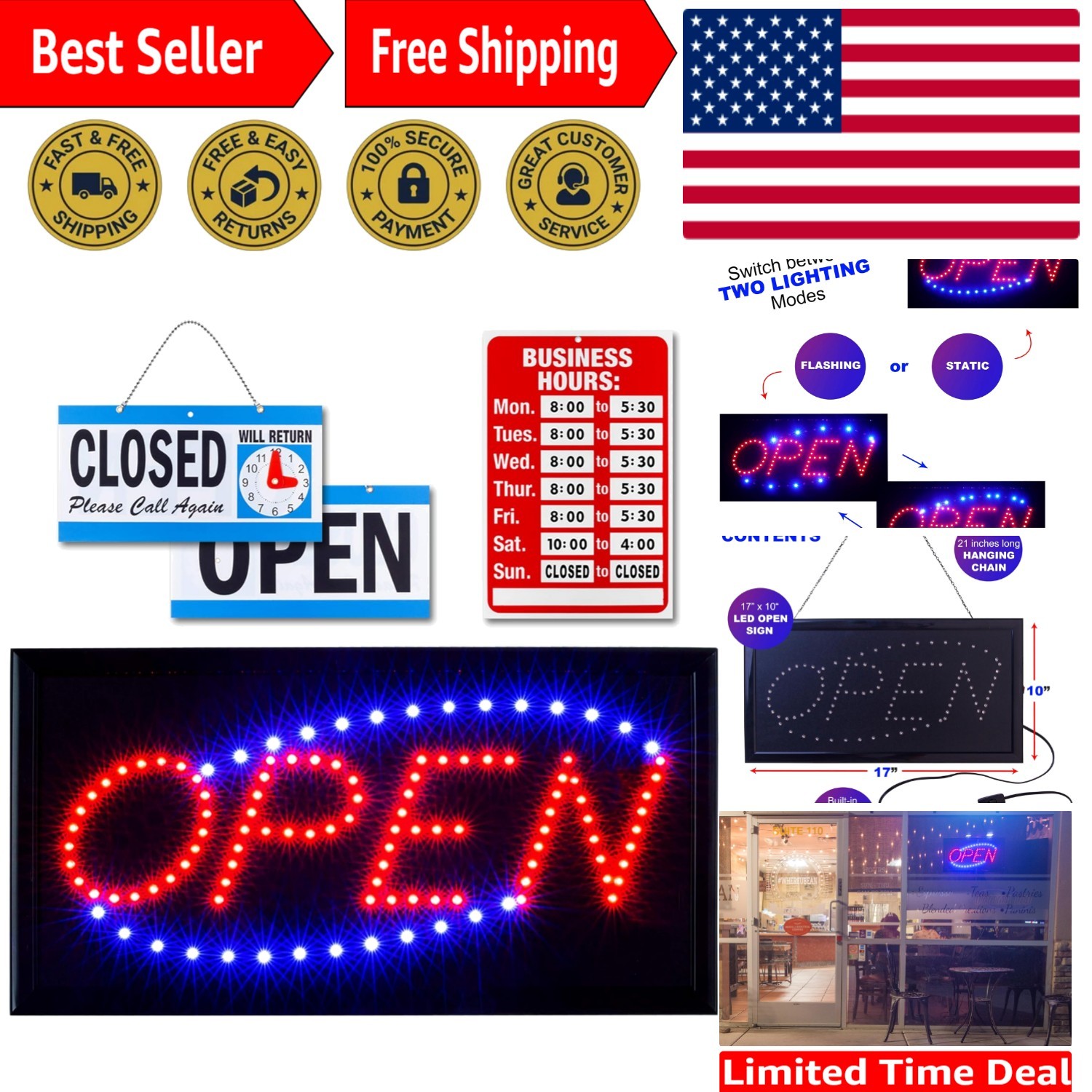 Customizable Neon Open & Closed Sign – Includes Business Hours & Hanging Chain
