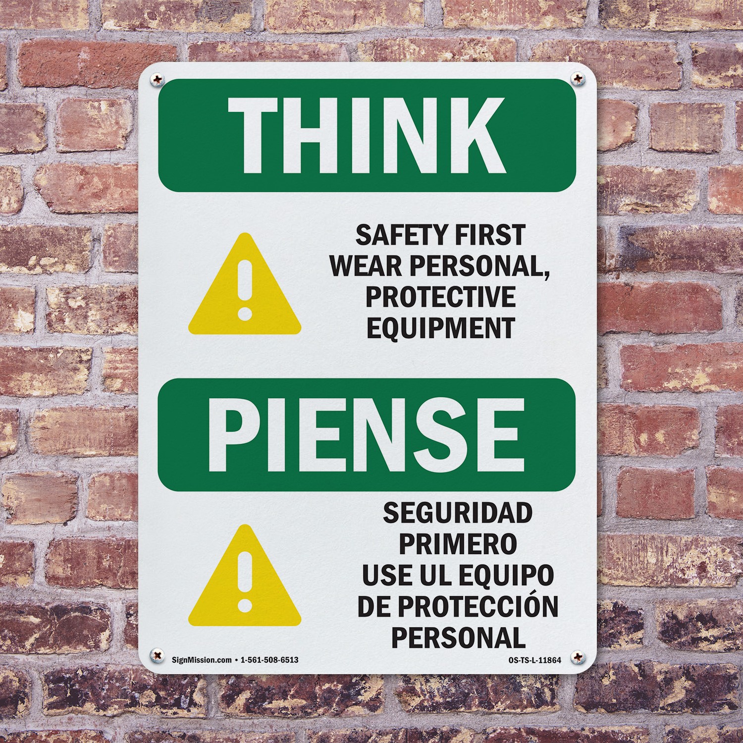 Wear PPE Symbol Bilingual OSHA Think Sign Metal, Plastic, Decal – 5 or 10 Pack