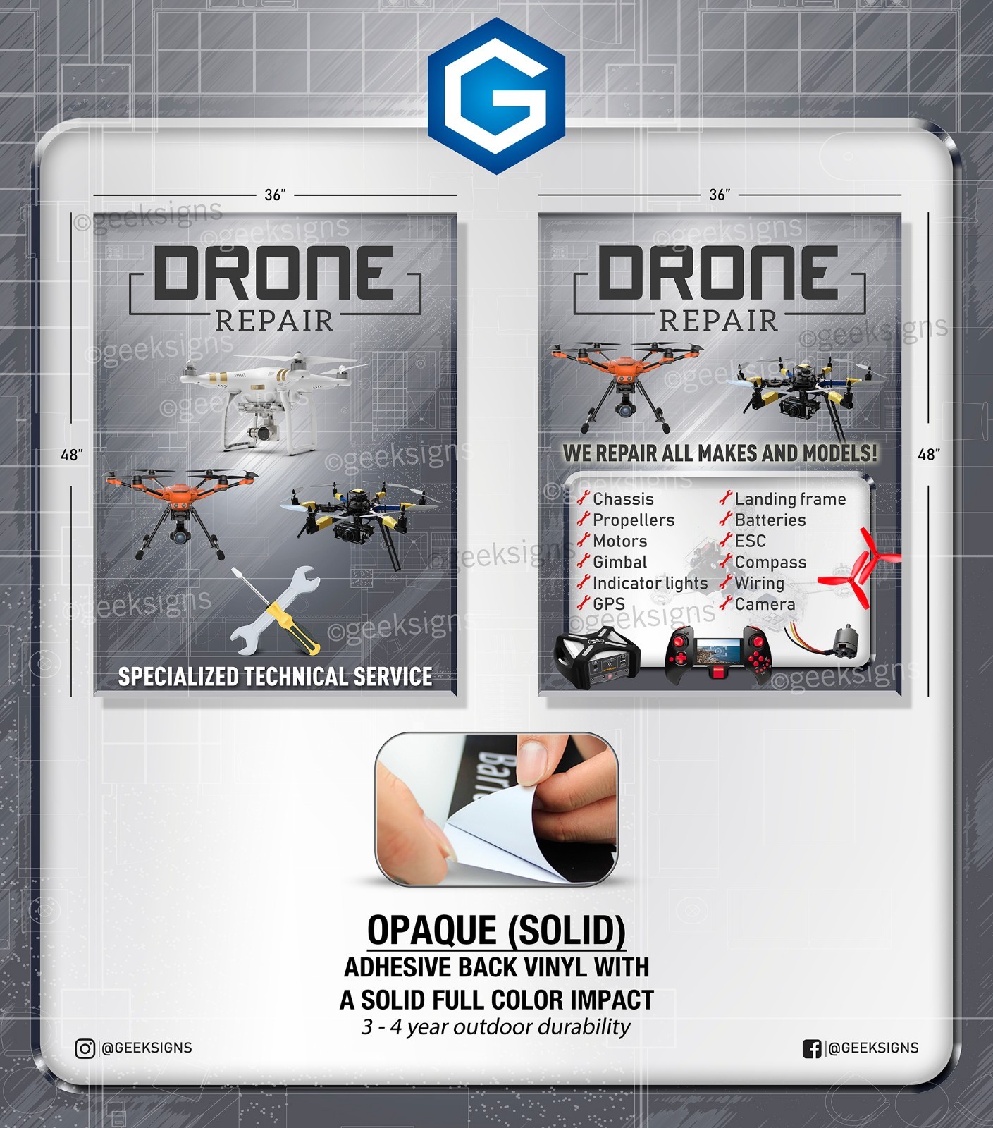 Drone repair service parts retail window graphics decal sign banner