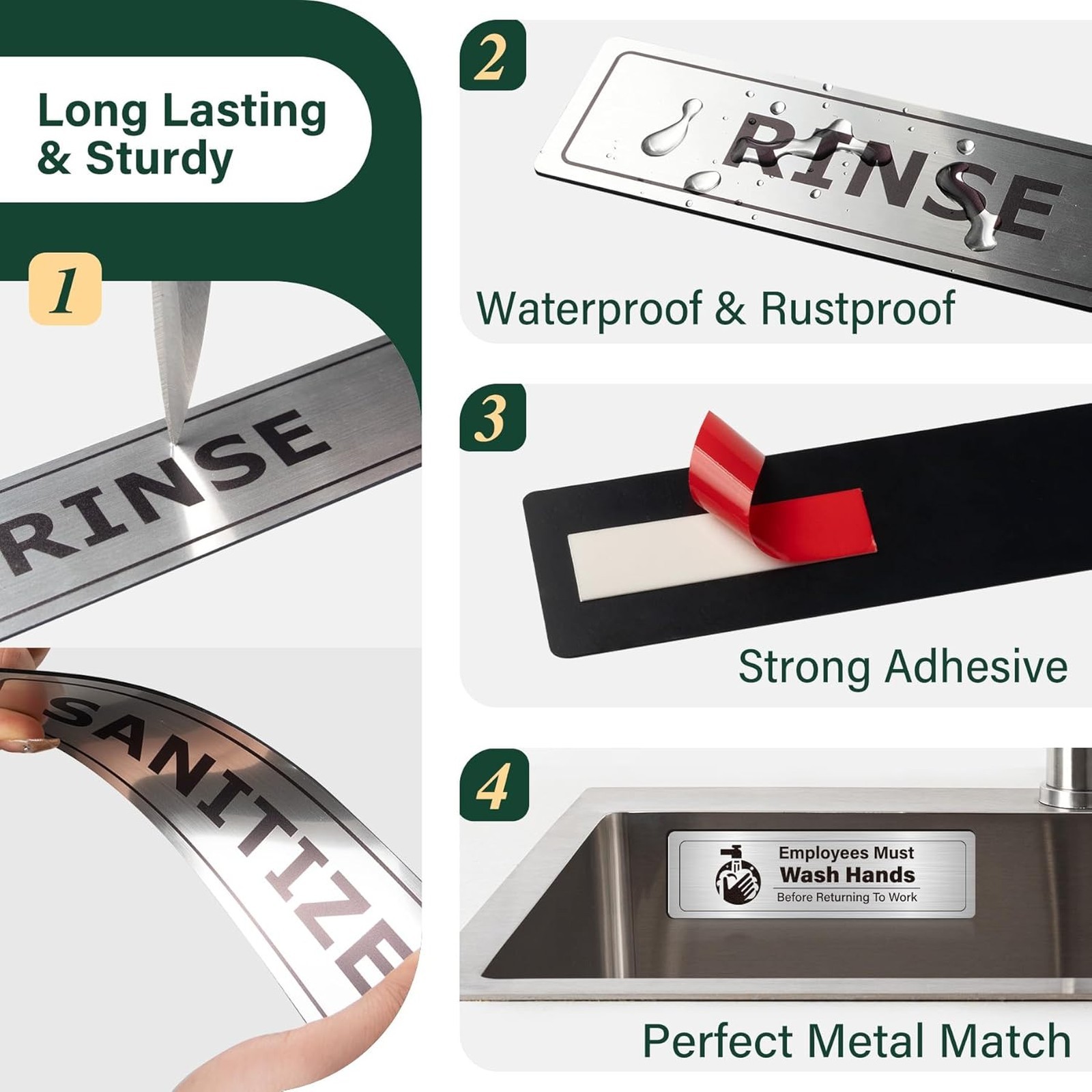 Bilingual Sink Labels Brushed Aluminum for Commercial Kitchen 3 Compartment Wash