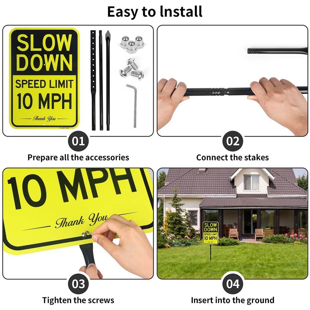 Large Slow Down Speed Limit 10 MPH Sign With 54 Inch Metal Stake 17×12 Tool