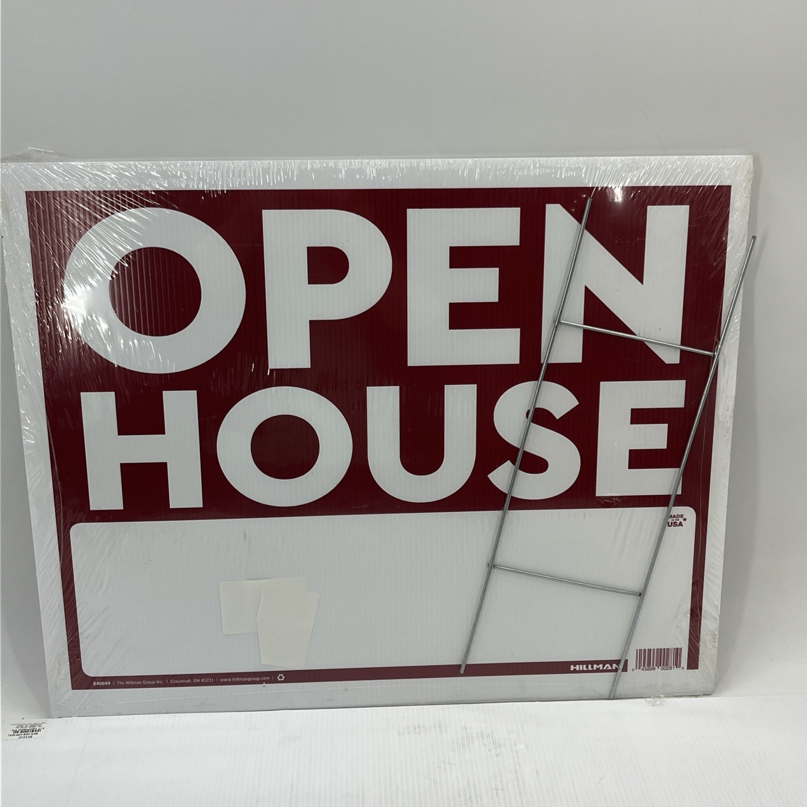 Open House Sign with Metal Stand, Red and White, 20”x 24” 840049. {C8}.