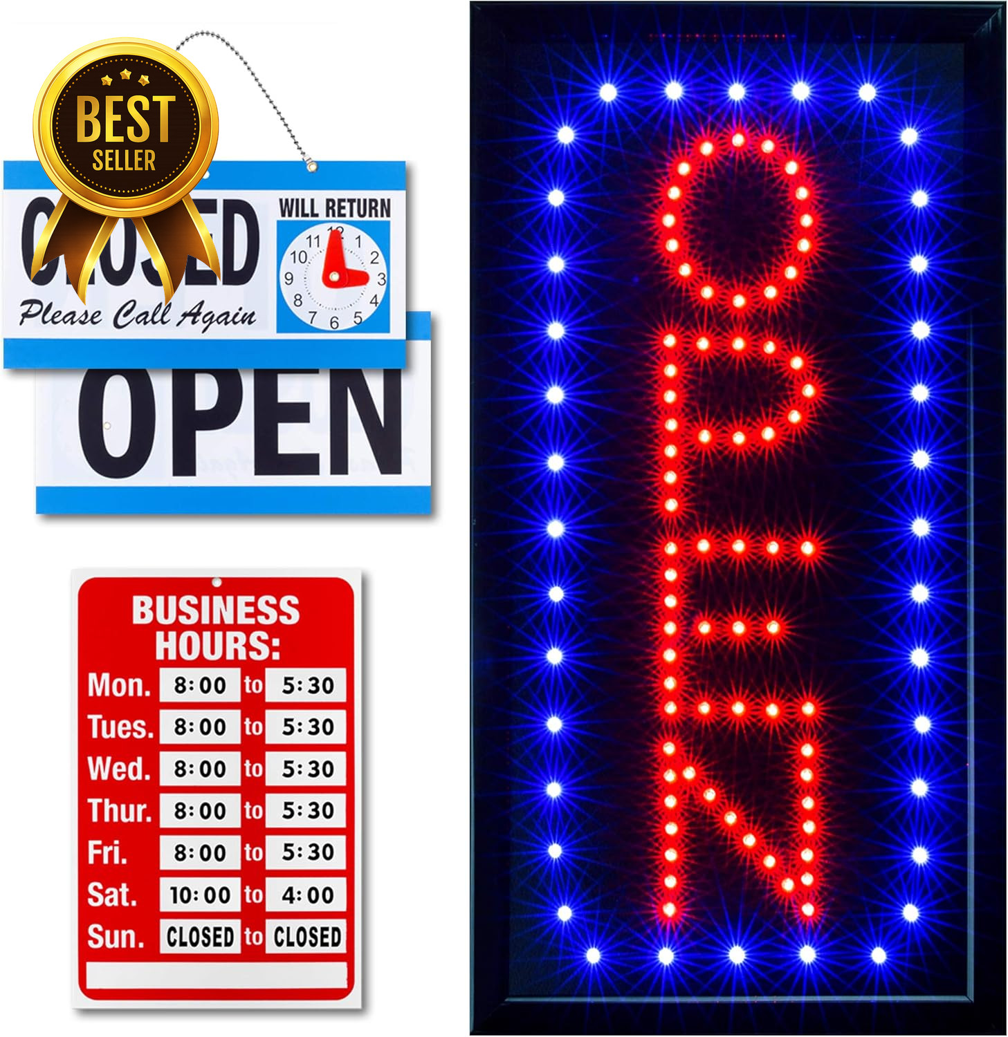 Vertical LED Open Sign with Flashing Mode Business Hours Open Closed Display