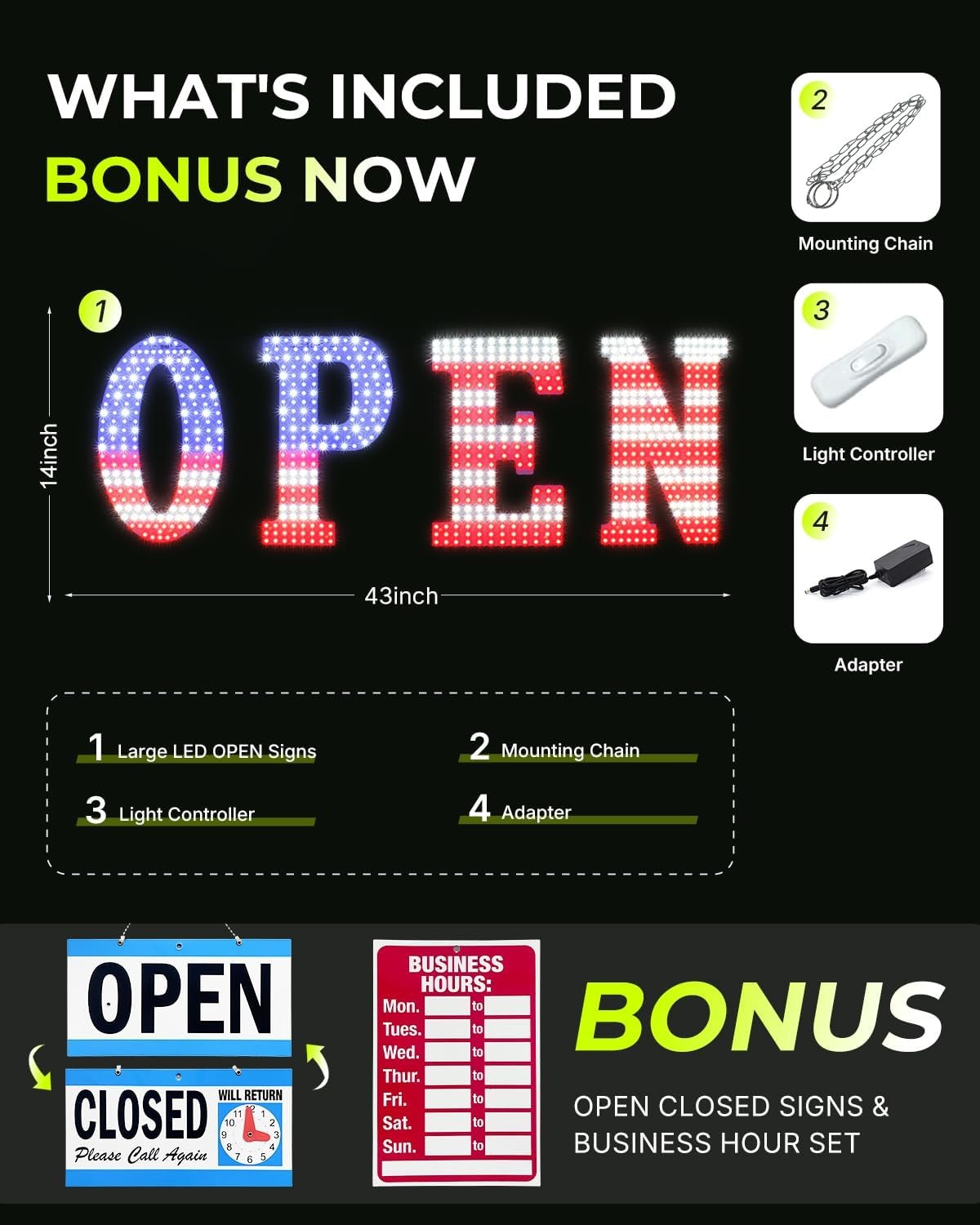 43×14 LED Open Sign Large Window Business Light Storefront Shop Bar US Flag Desi