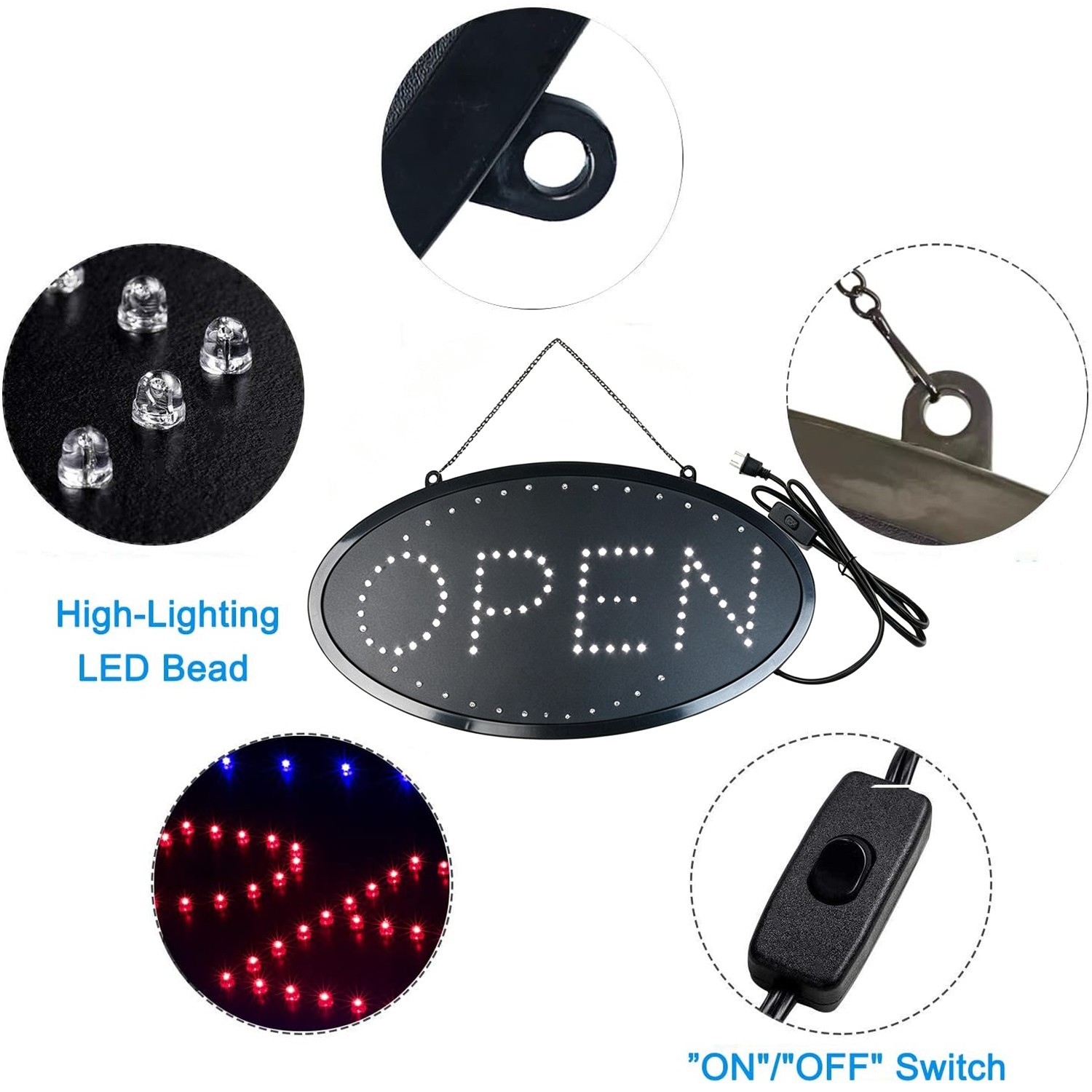 LED Open Sign 19x10in Flash Steady Neon for Business Wall Window Bar Shop Hotel