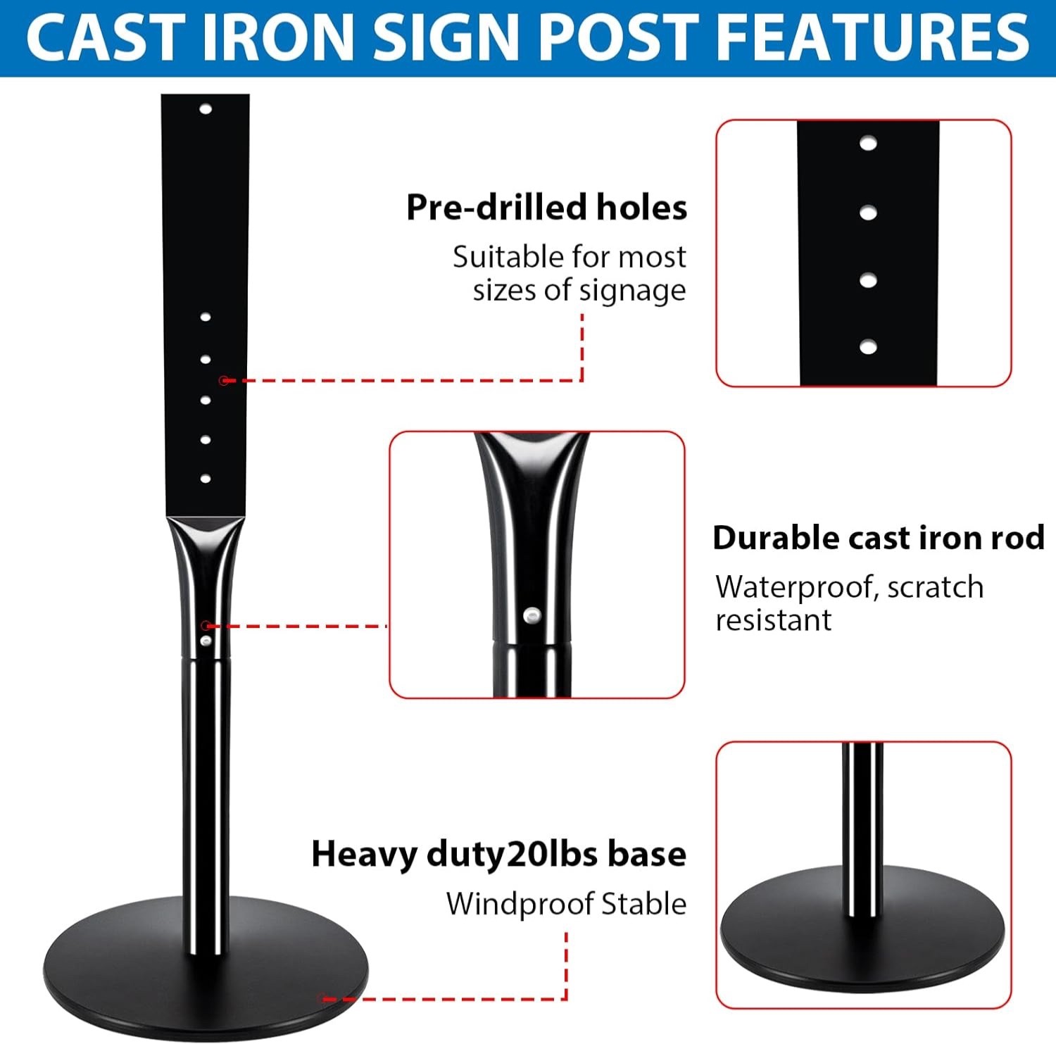 2 Pack 49&Prime; Heavy Duty Parking Sign Post Set – 20lbs Cast Iron Base for Outdoors