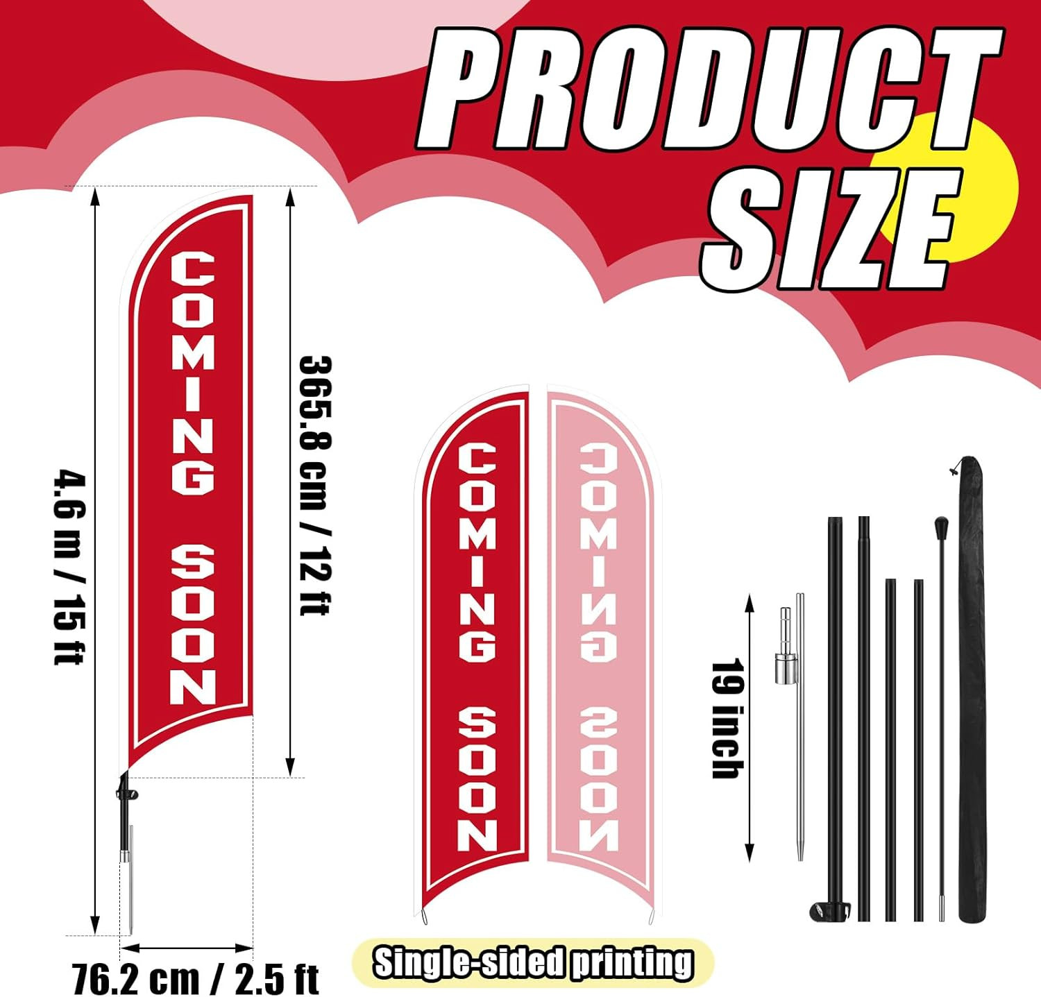 15 Ft Coming Soon Feather Banner Flag with Pole Kit for Outdoor Advertising
