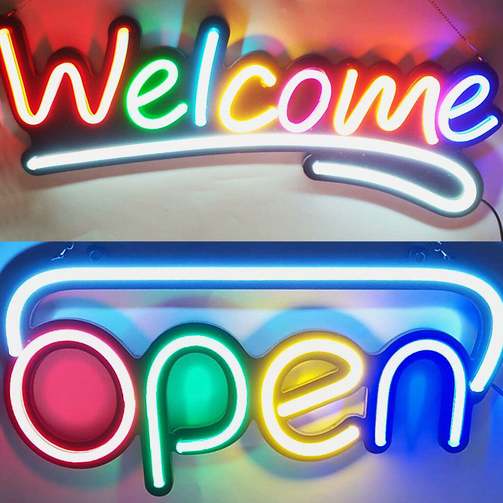 Open Welcome Sign LED Neon Tube Light Auto Motion Flash Hang Multicolor 12V