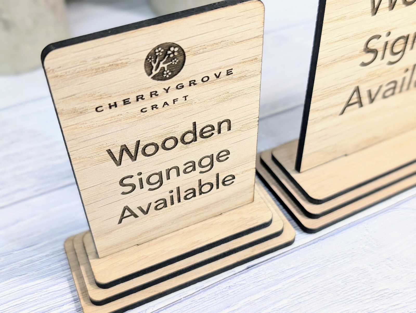 Personalised Wooden Table Signs – Custom Text, Logo, Freestanding, 2 Sizes