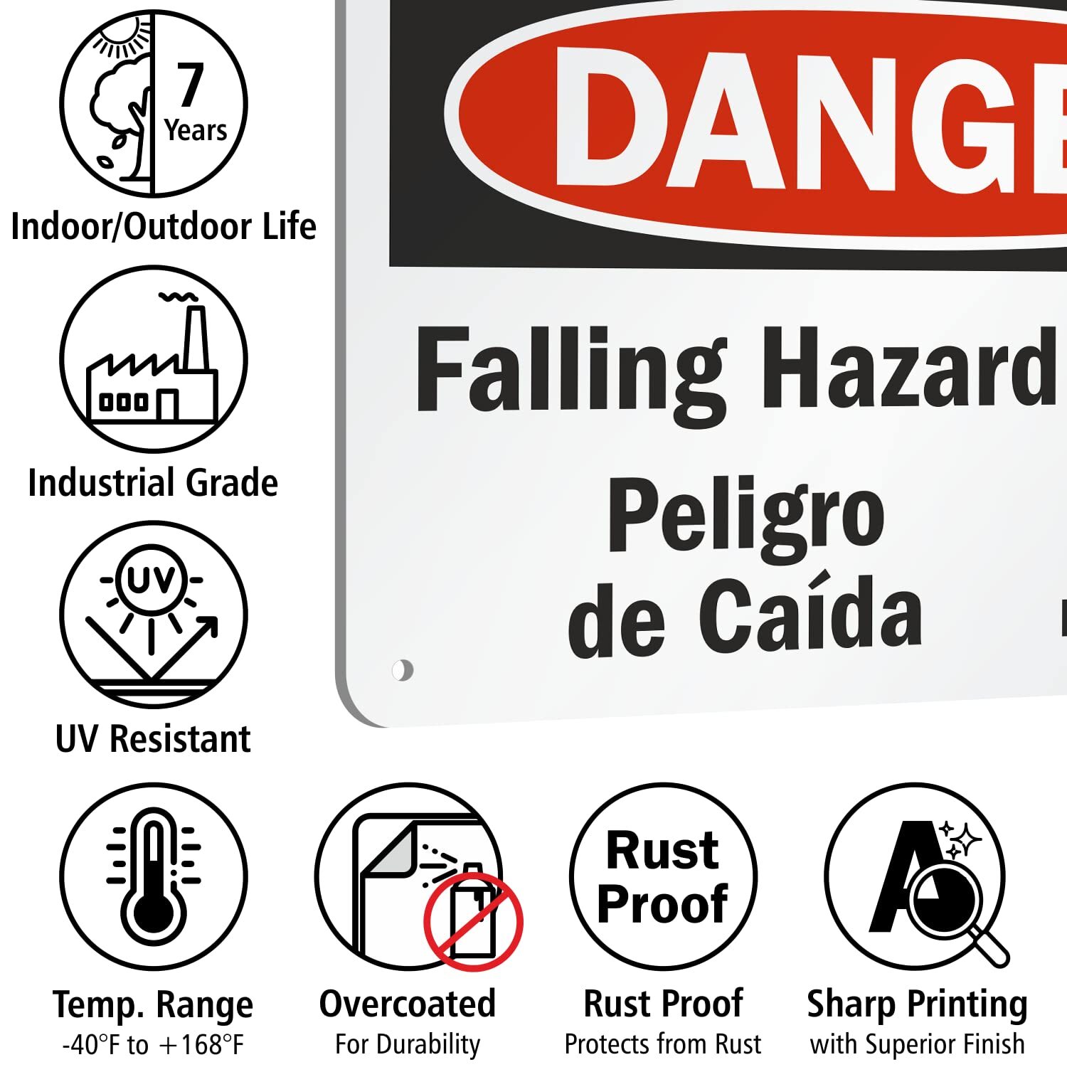 7×10 inch Danger Falling Hazard Peligro De Caida Bilingual OSHA Metal Sign