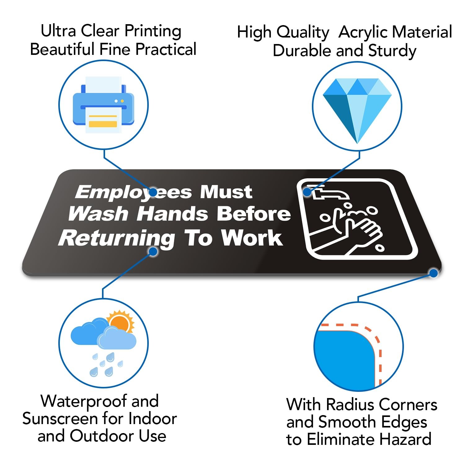 9×3 Inch Employees Must Wash Hands Sign Symbols Acrylic Plastic 4 PCS