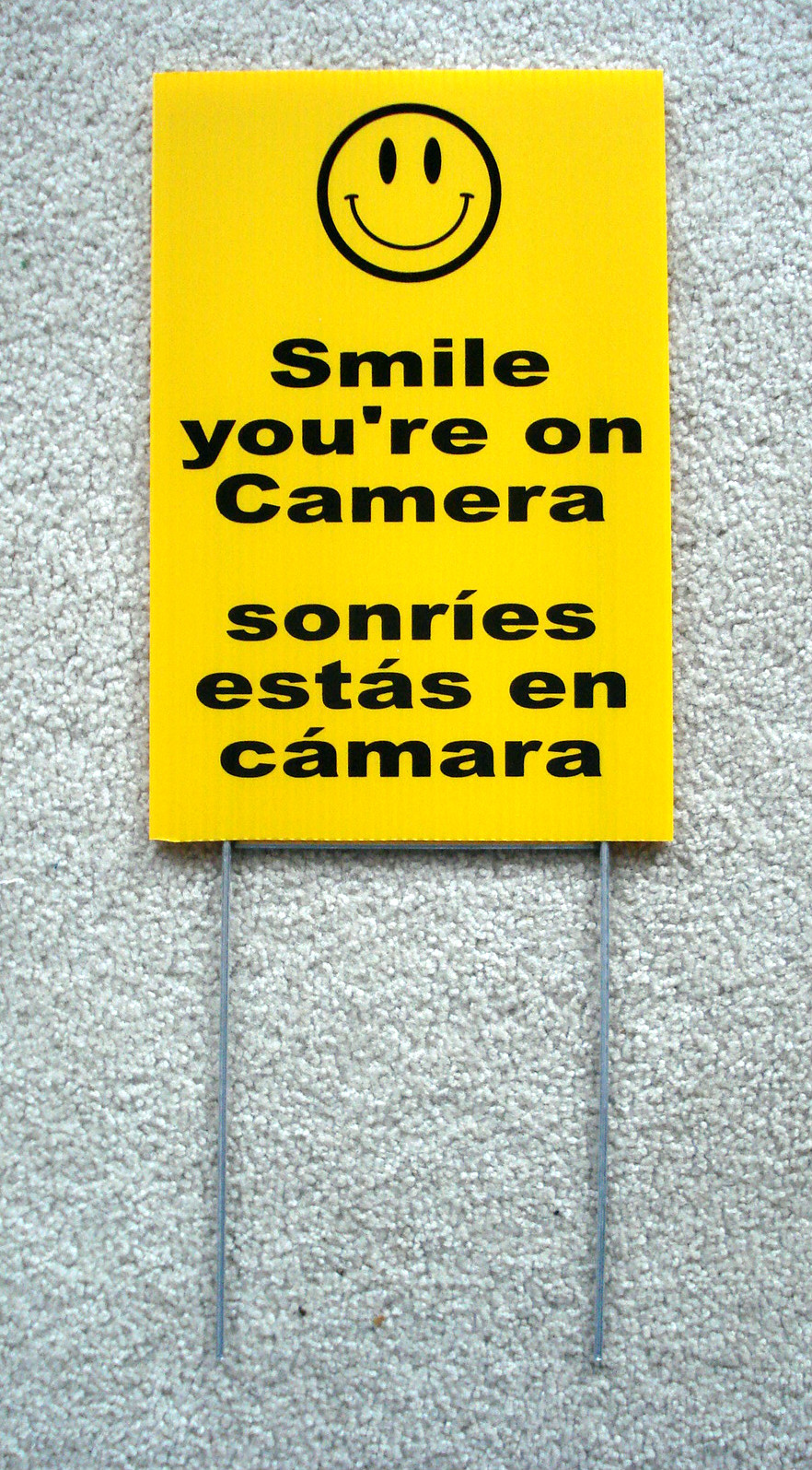 SMILE YOU&rsquo;RE ON CAMERA SIGN 8&Prime;x12&Prime; w/ Stake Security Surveillance Spanish
