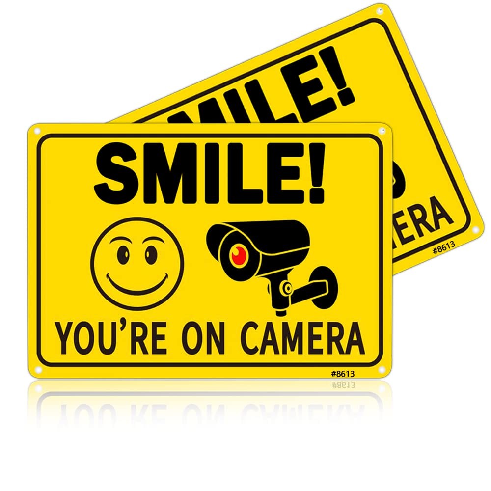 2-Pack Smile! You’re On Camera Signs, 10×7 Inch Funny Security Signs with Smi…