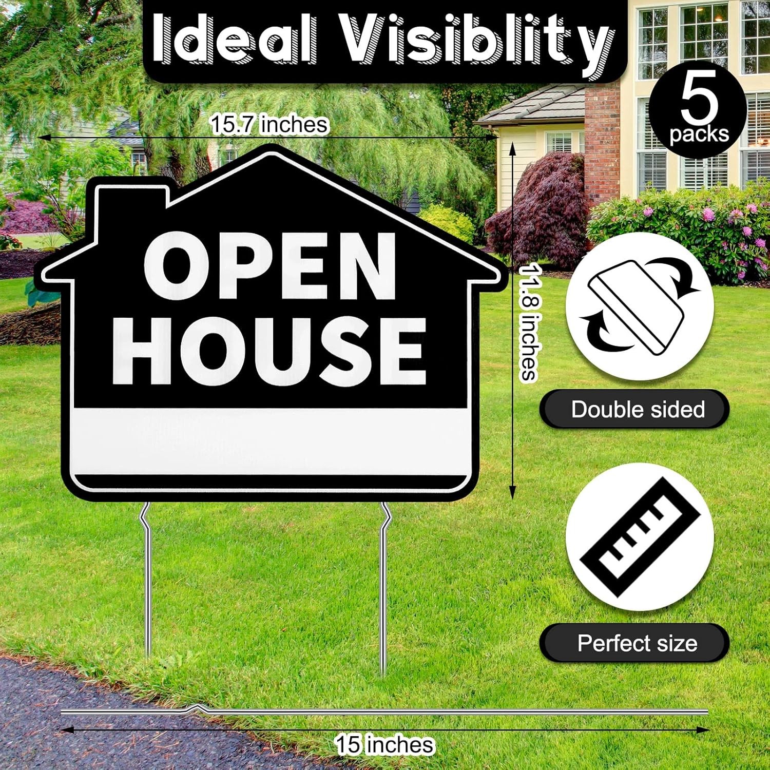 Open House Yard Signs with Metal Stakes for Real Estate 16&Prime; x 12&Prime; Large Black