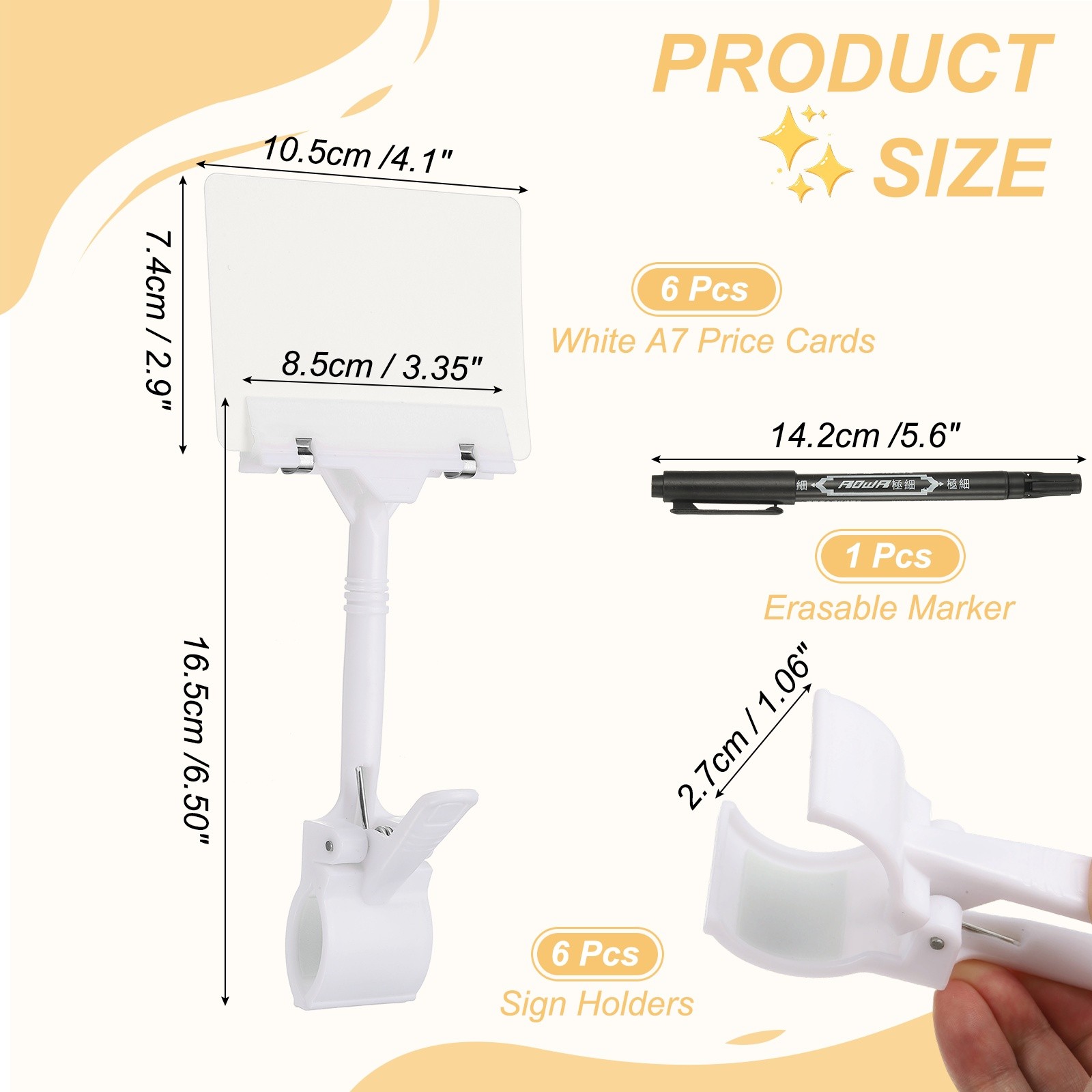 6 Pcs Sign Holders with White A7 Plastic Cards & Erasable Marker, White