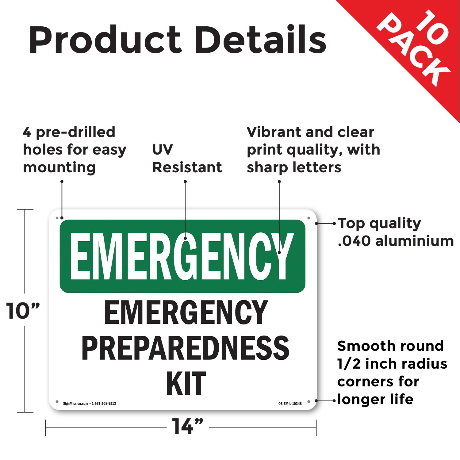 Preparedness Kit OSHA Emergency Sign Metal, Plastic, Or Decal – 5 or 10 Pack