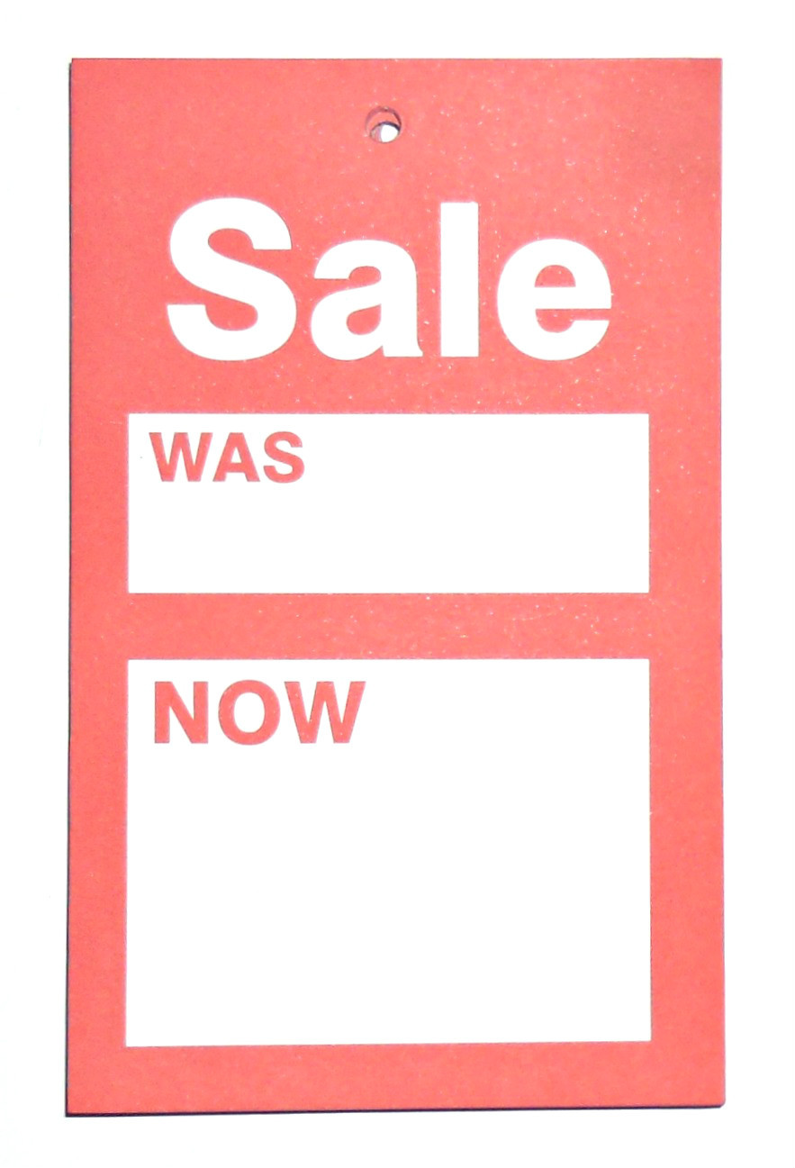 TOP QUALITY &lsquo;SALE WAS/NOW&rsquo; PRICING TAGS 75MM X 120MM HANGER LABEL CARDS