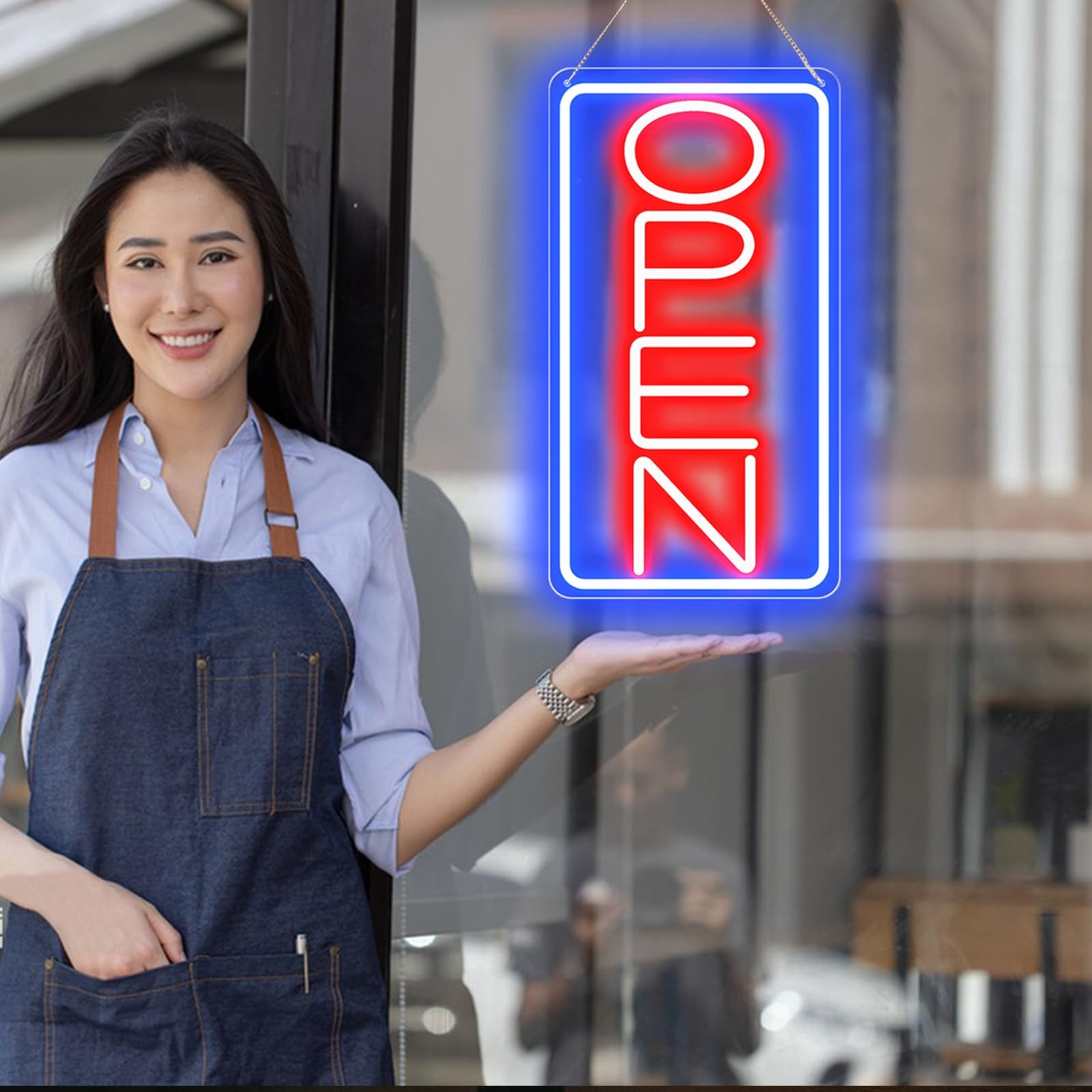 16.5&Prime; X 9&Prime; Led Neon Open Signs 16.5×9 inch with AC Adapter, Blue/Red-Vertical