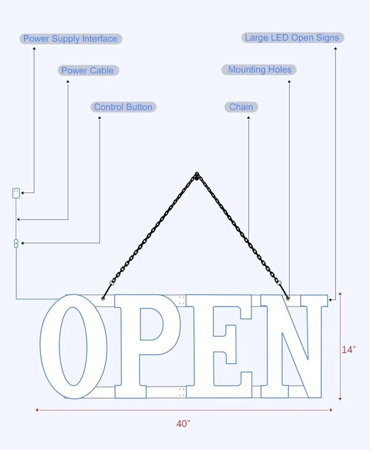 40&Prime;x14&Prime;Bright LargeLED Open Sign for Business withHanging Installation-white