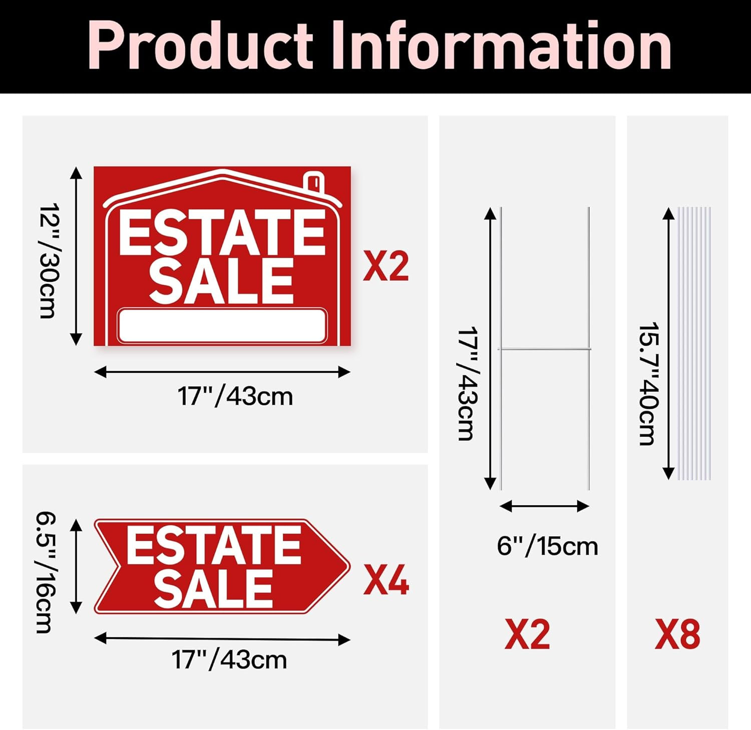 6 Pcs Estate Sale Signs with Stakes, 2 Large Estate Sale Signs 17&Prime; X 12&Prime; and 4 A
