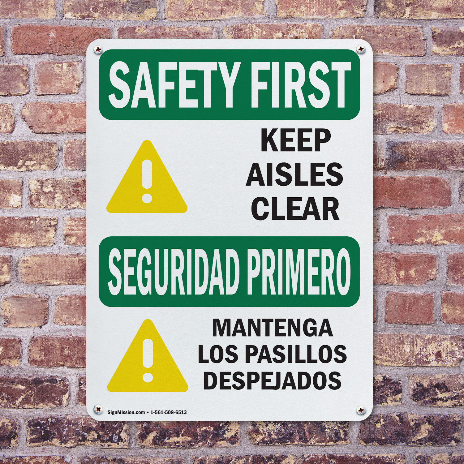 (2 Pack) Keep Aisles Clear Bilingual OSHA Safety First Sign Decal Metal Plastic