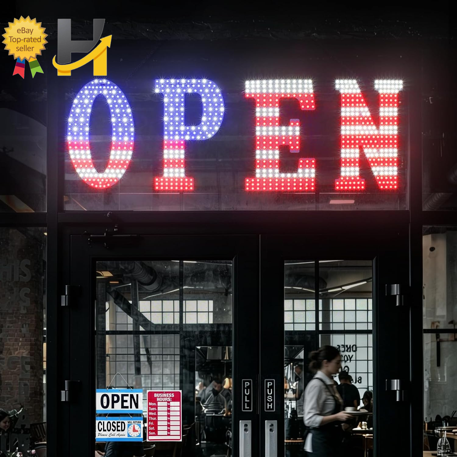 43×14 LED Open Sign Large Window Business Light Storefront Shop Bar US Flag Desi