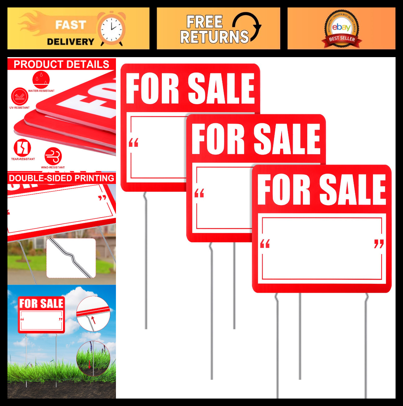 3 Pcs Large 12×16 Inch Double-Sided Yard Signs with Stake – Red For Sale Outdoor
