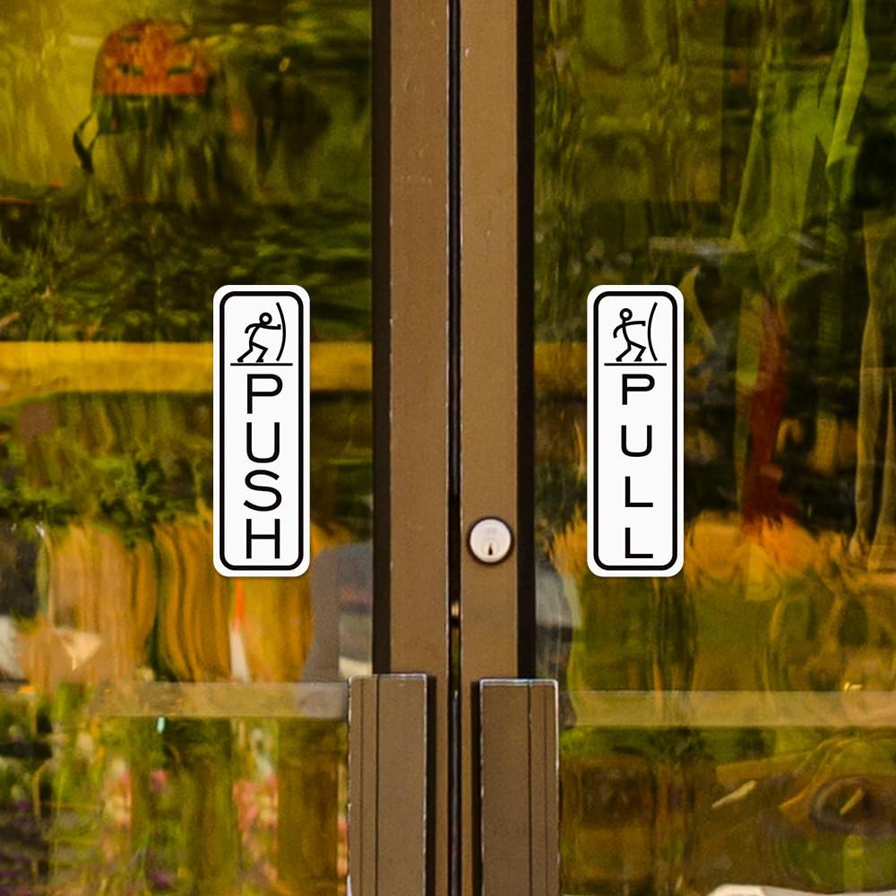 2 PCS Push Pull Door Signs Classic Entrance Medium Brushed Silver Metal Tags