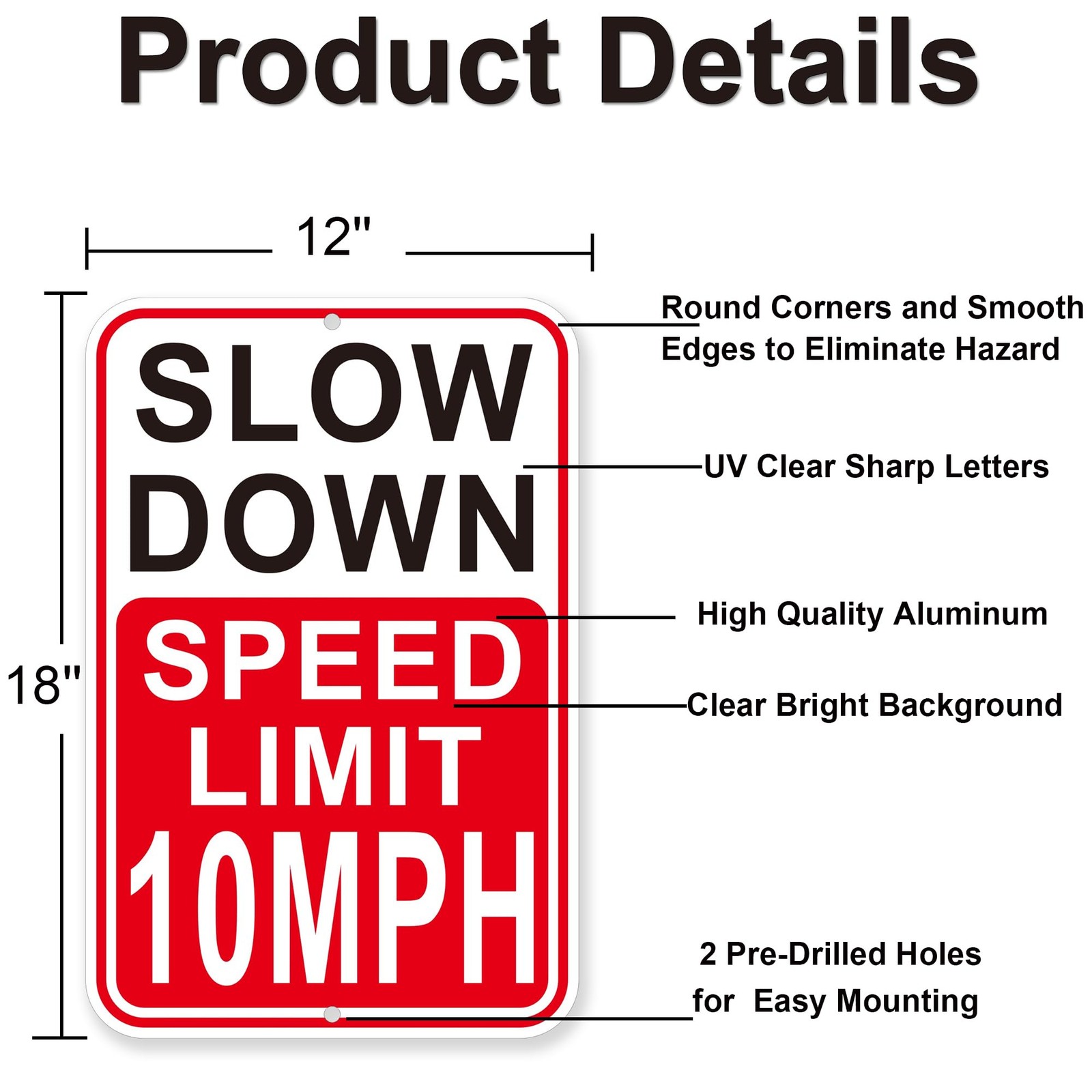 Slow Down Speed Limit 10MPH Sign 2 PCS 18×12 Inch Reflective Aluminum Metal