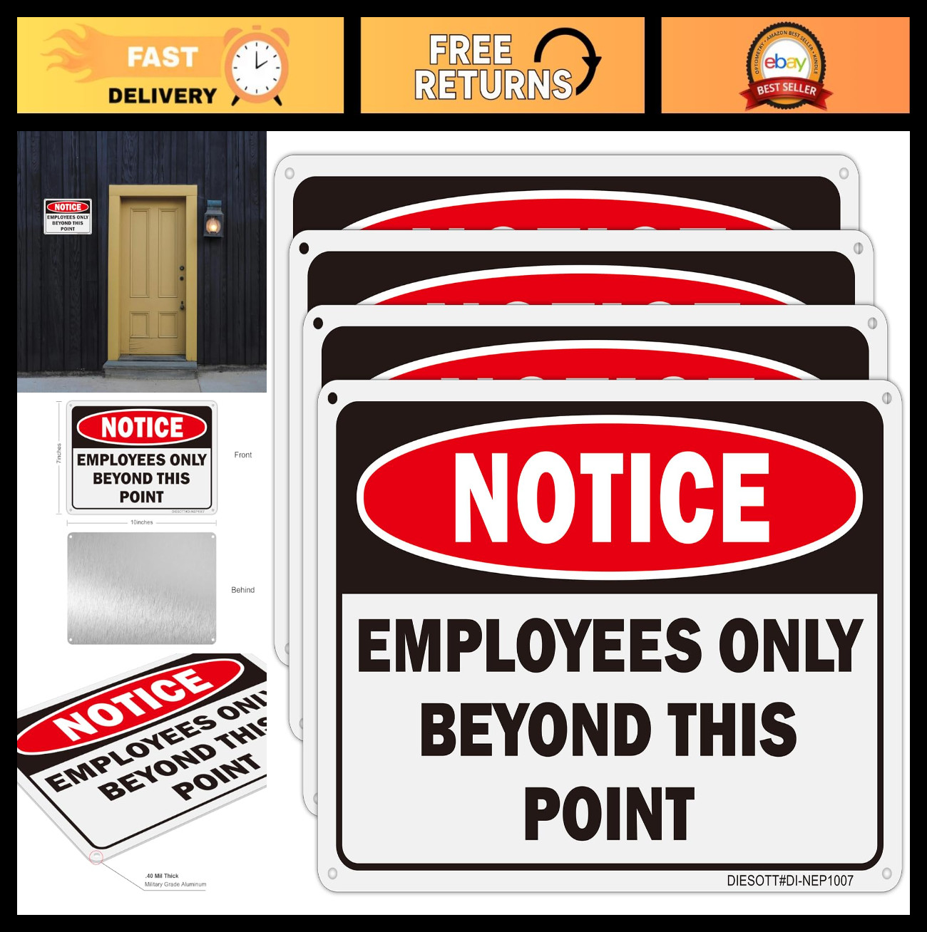 4 Pack Employees Only Signs – 10×7 Aluminum Notice, No Customers Allowed, Easy M